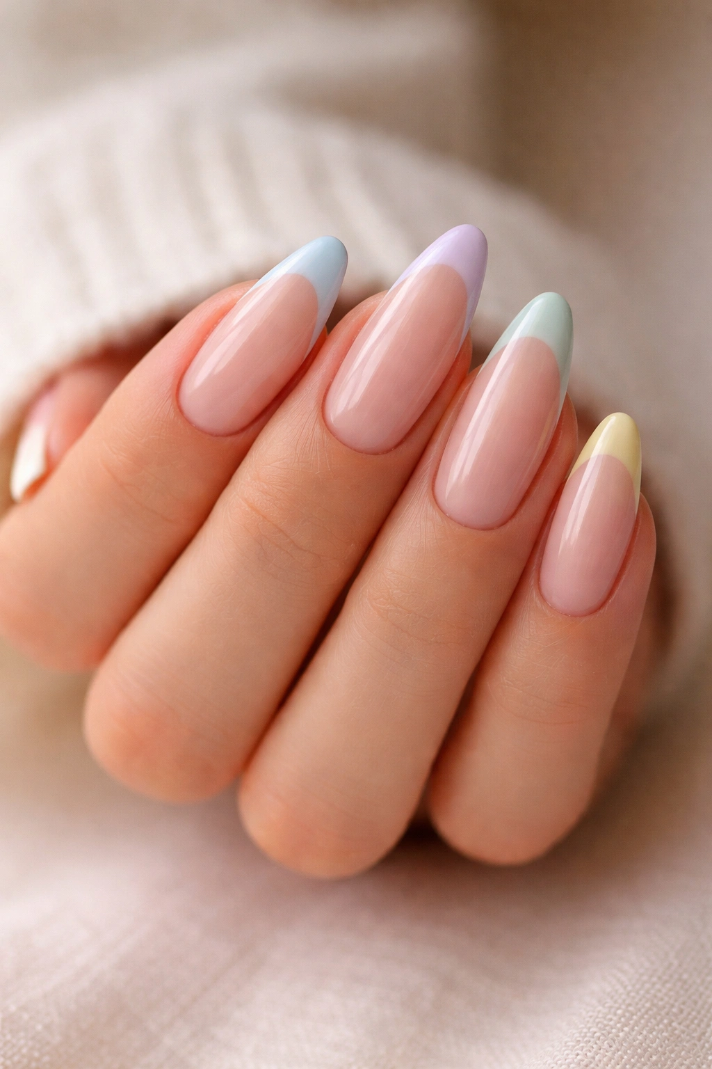 Close-up of long almond nails with sheer base and pastel French tips in soft blue and pink