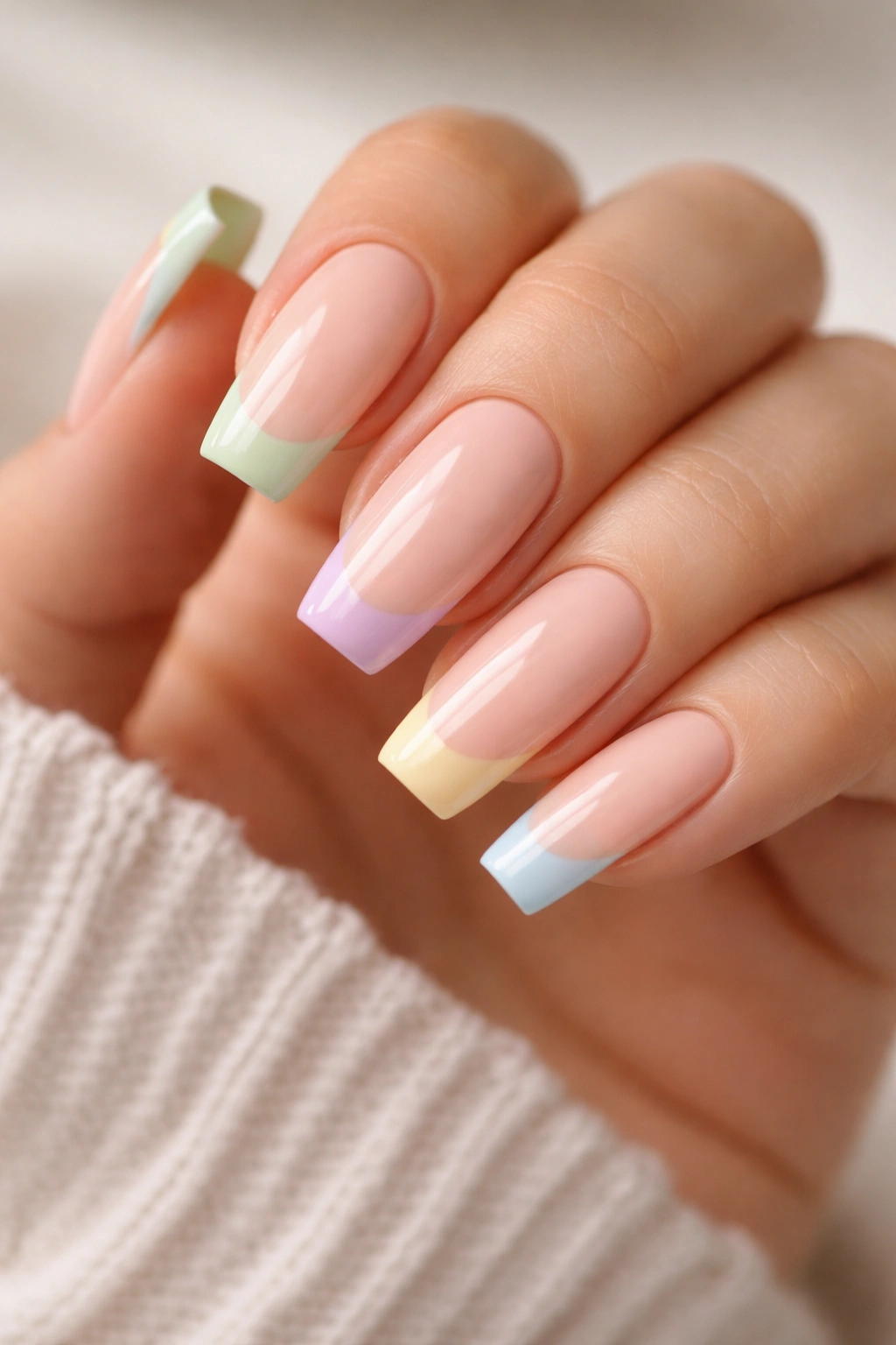 Close-up of medium coffin nails with mismatched pastel tips on a nude base