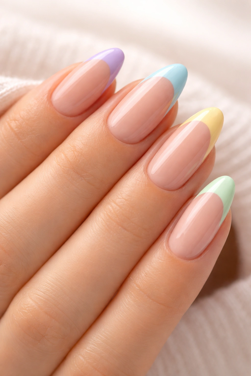 Almond nails with pastel tips on a sheer nude base