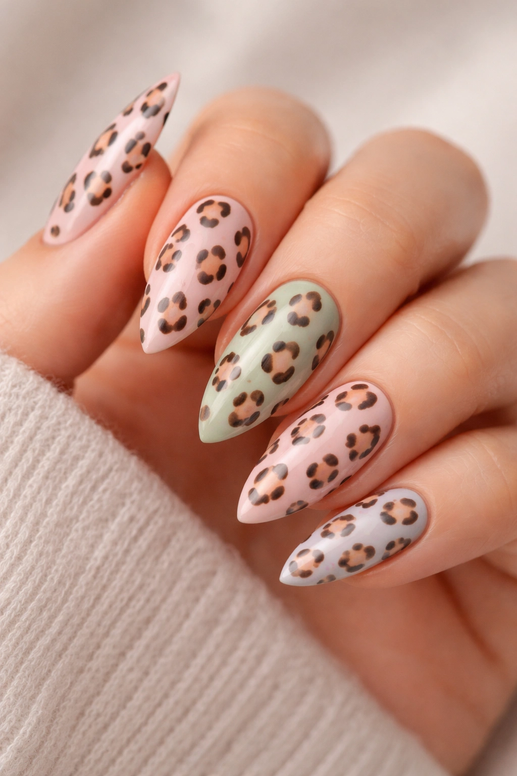 Almond nails with pastel leopard print featuring uneven spots and subtle outline