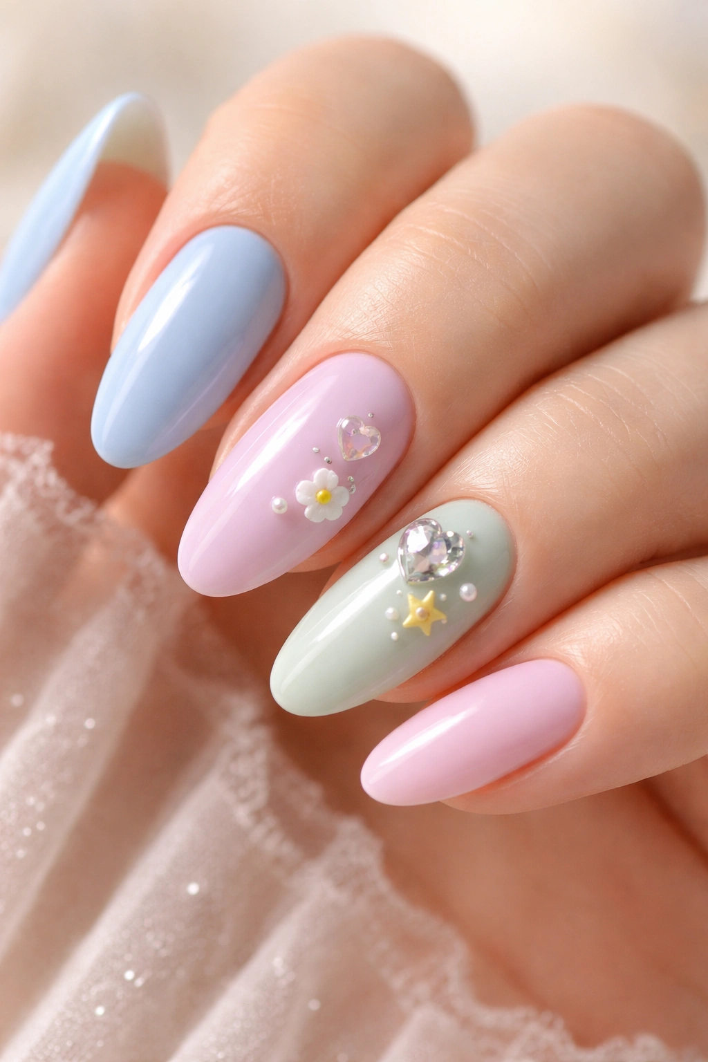 Close-up of Pastel Nails With Mixed Charms featuring small charms on almond nails