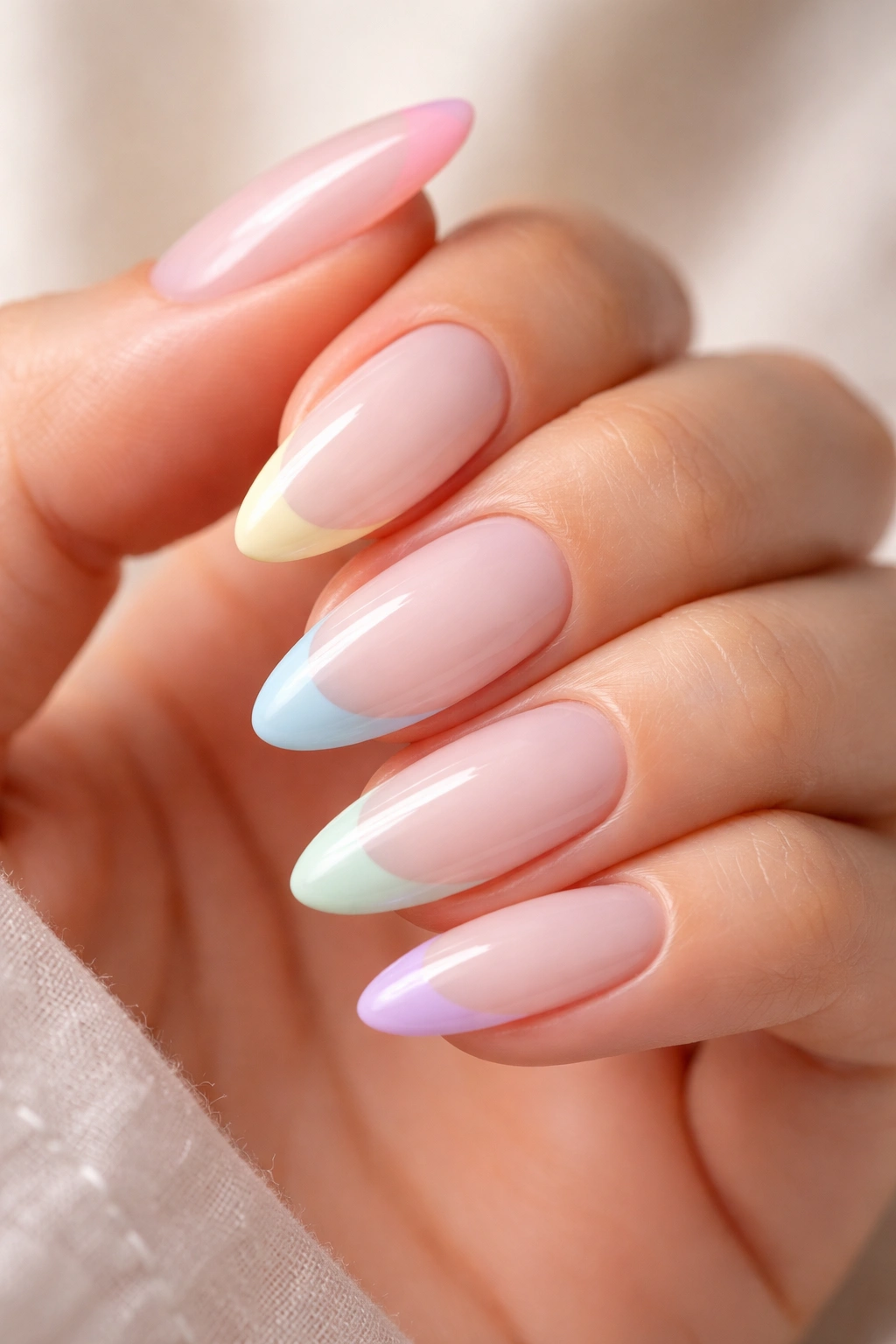 Close-up of almond nails with pastel rainbow tips on milky base.