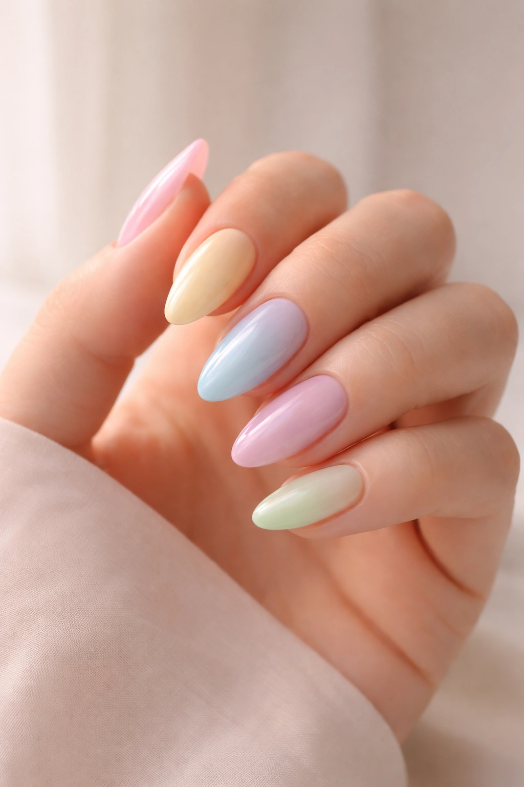 Almond nails in soft pastel rainbow shades on a hand