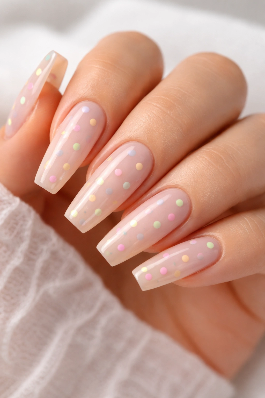 Coffin nails with pastel rainbow dots on sheer nude base