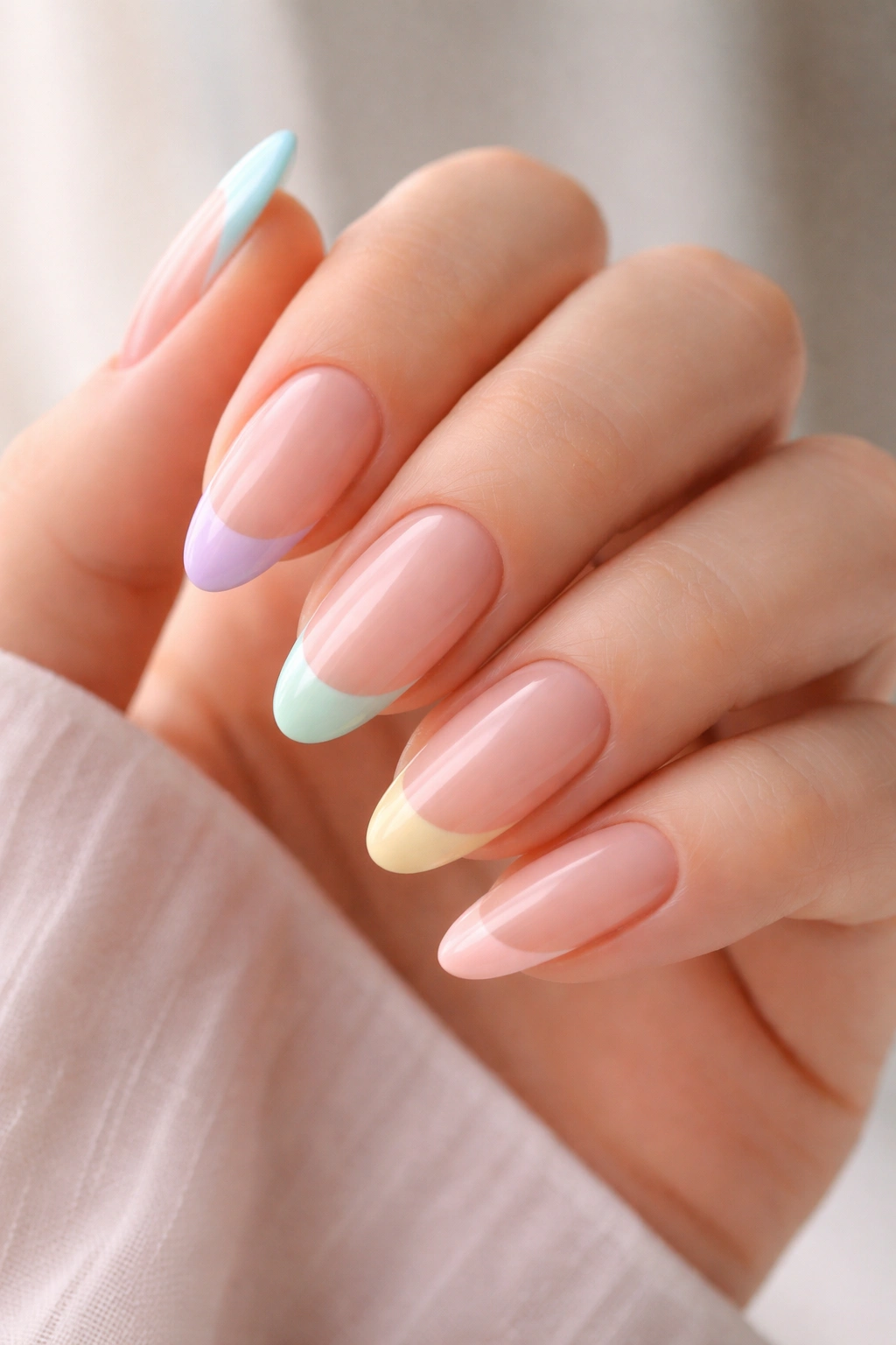 Almond nails with pastel rainbow French tips on a sheer neutral base