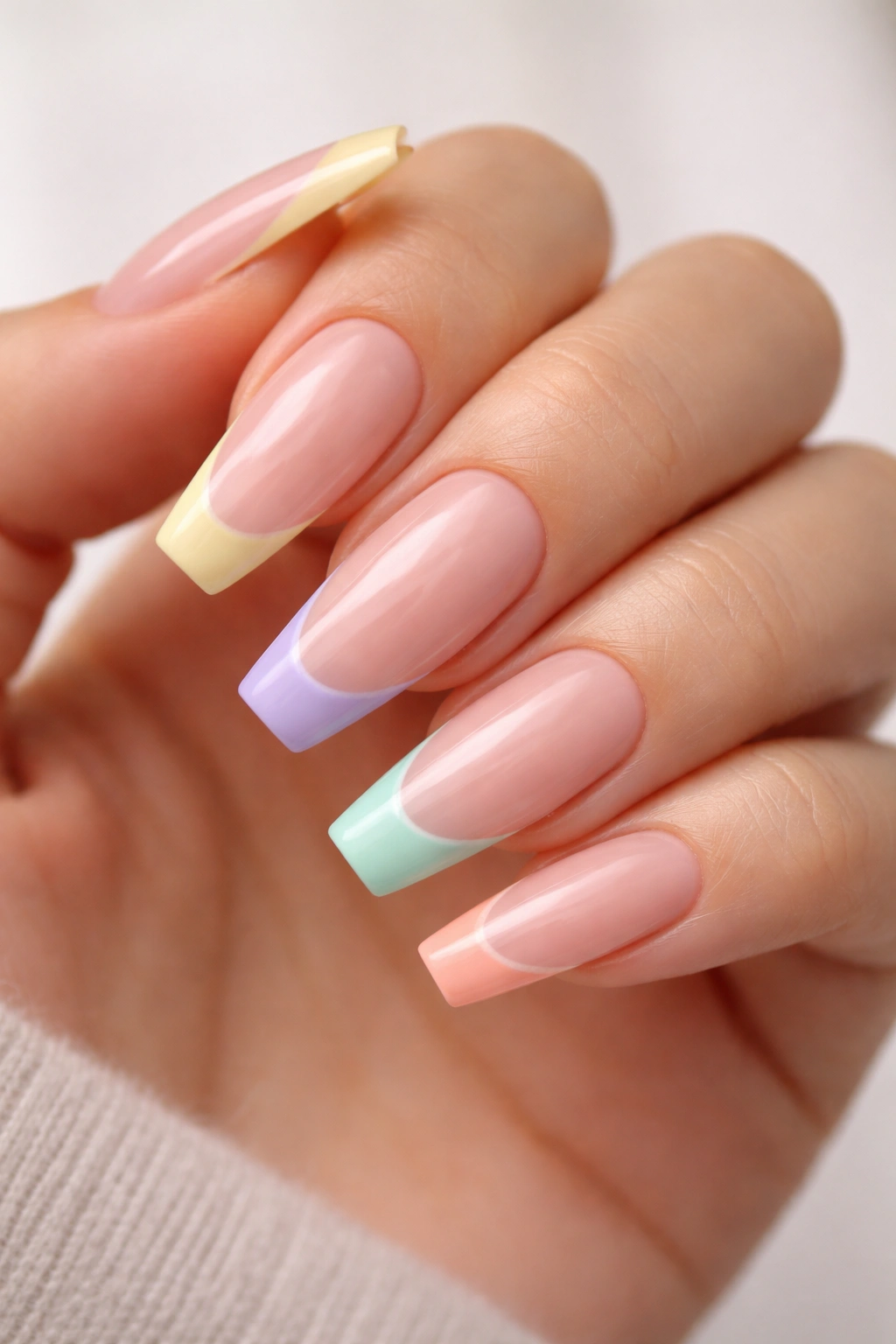 Coffin nails with pastel rainbow tips on nude base