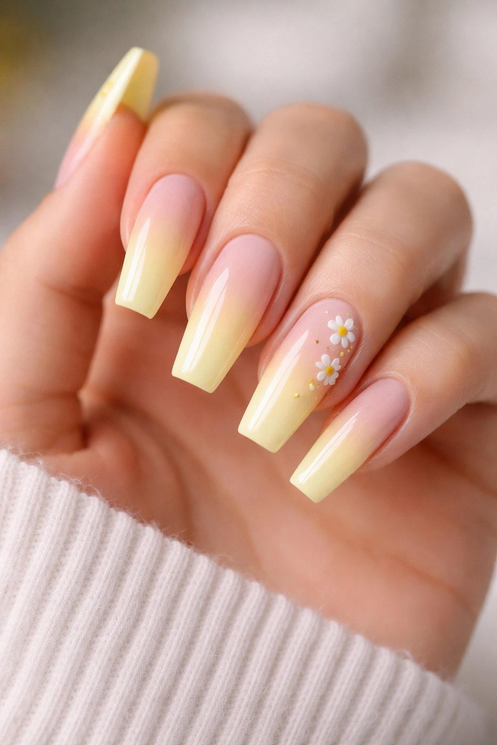 Pastel yellow ombre nails with tiny white daisies on accent nails