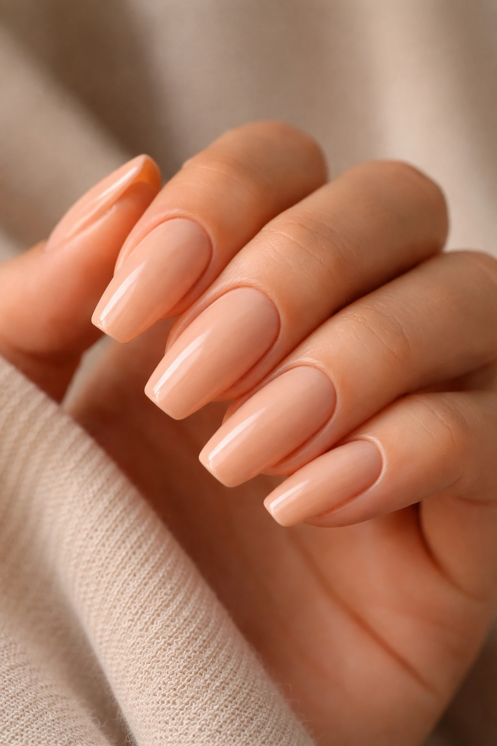 Close-up of glossy peach-beige ballerina nails on a hand