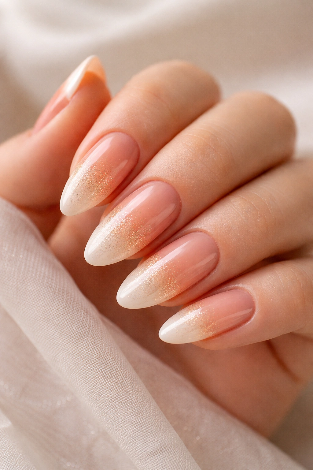 Close-up of peach champagne ombre almond nails with shimmer mid-nail