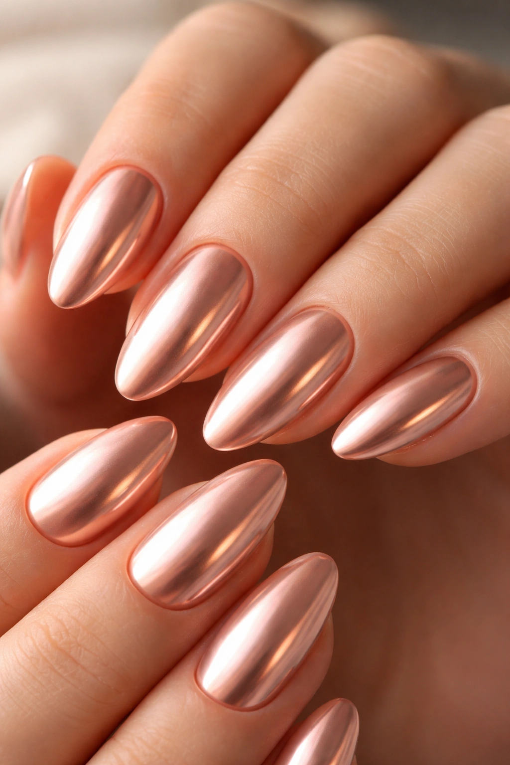 Close-up of almond nails with peach chrome finish and warm peach base.