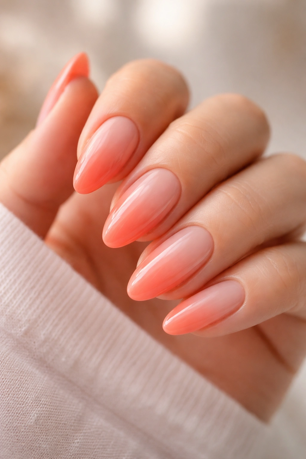 Close-up peach to coral sunrise almond nails with sheer gradient