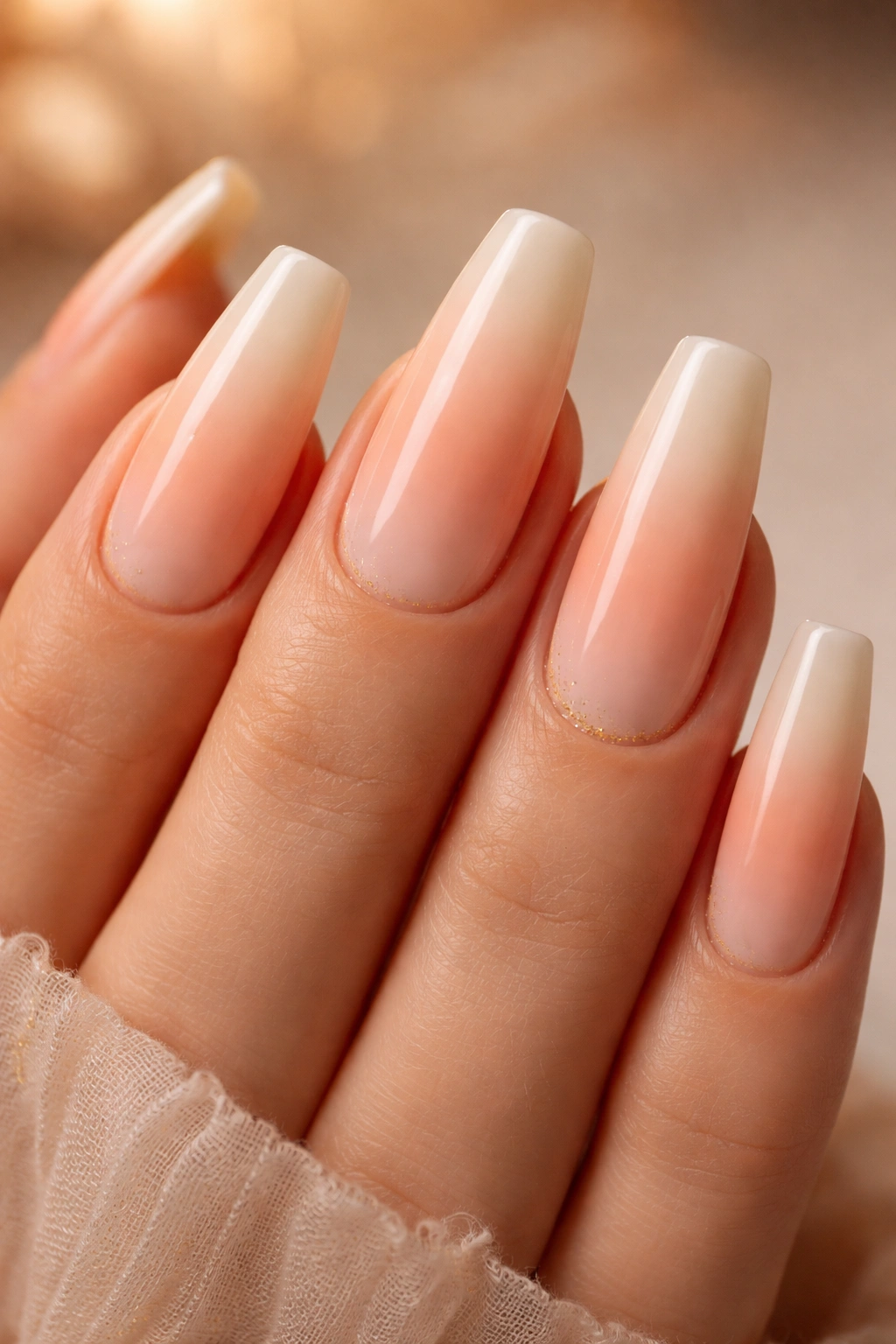 Coffin nails peach to cream ombre with warm gradient