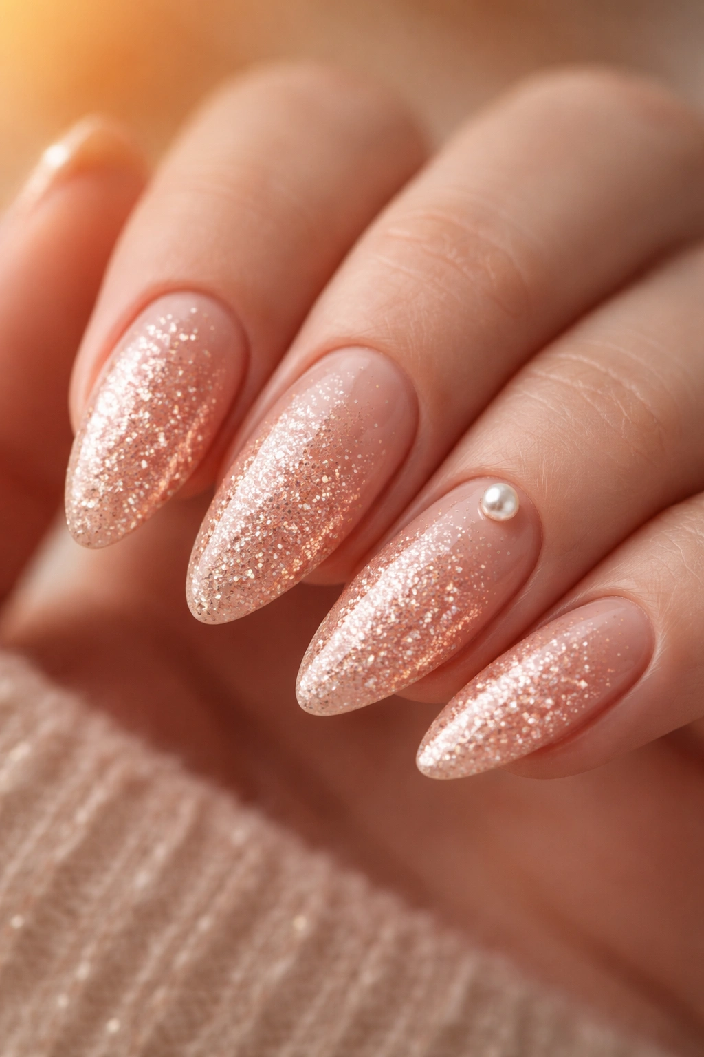 Almond nails with peach glitter and sparse pearls.