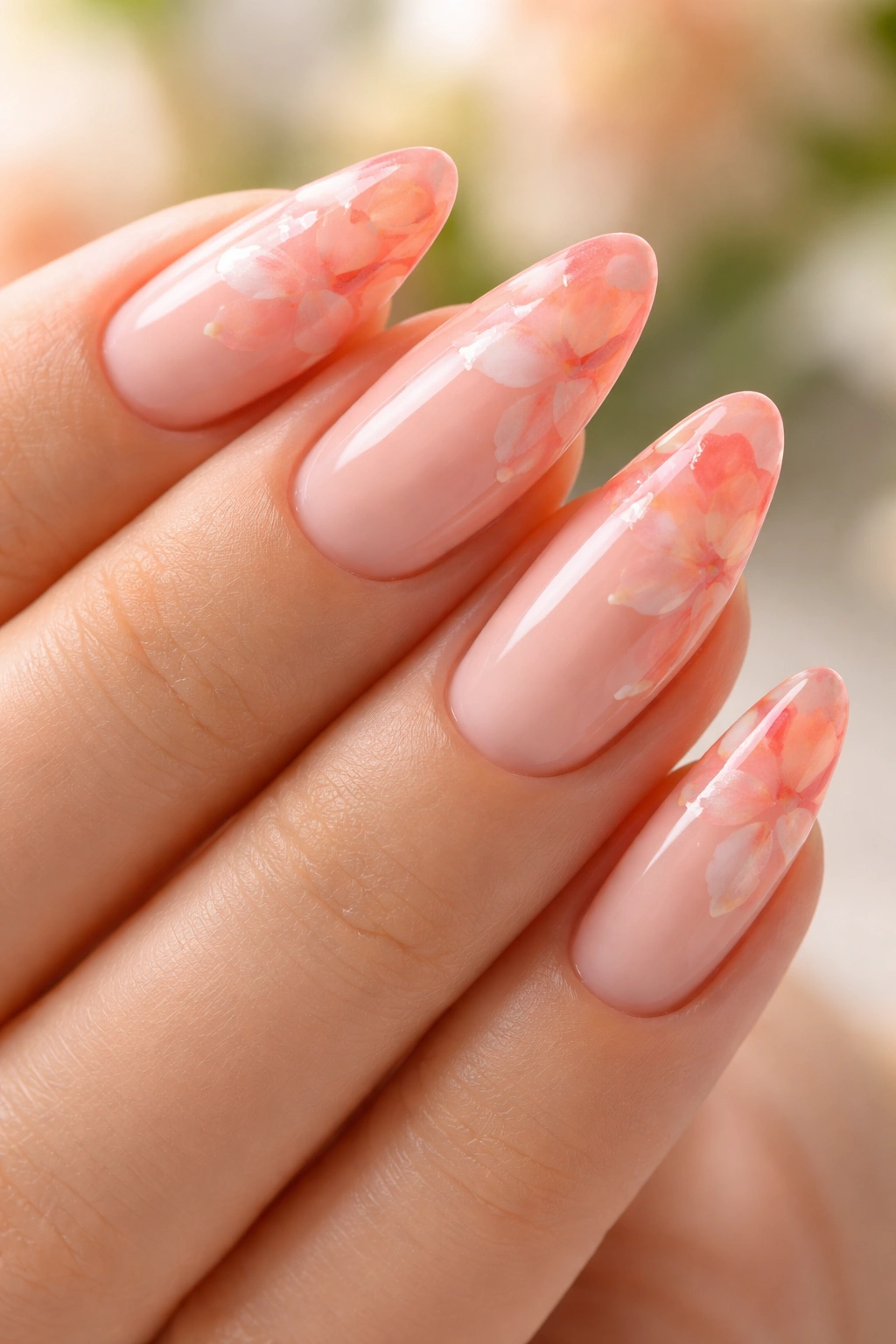Peach gradient almond nails with watercolor petal accents