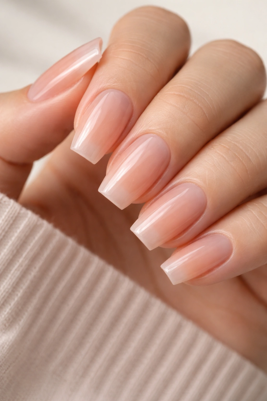Close-up of sheer peach jelly nails on short coffin nails, natural nail visible through translucent polish