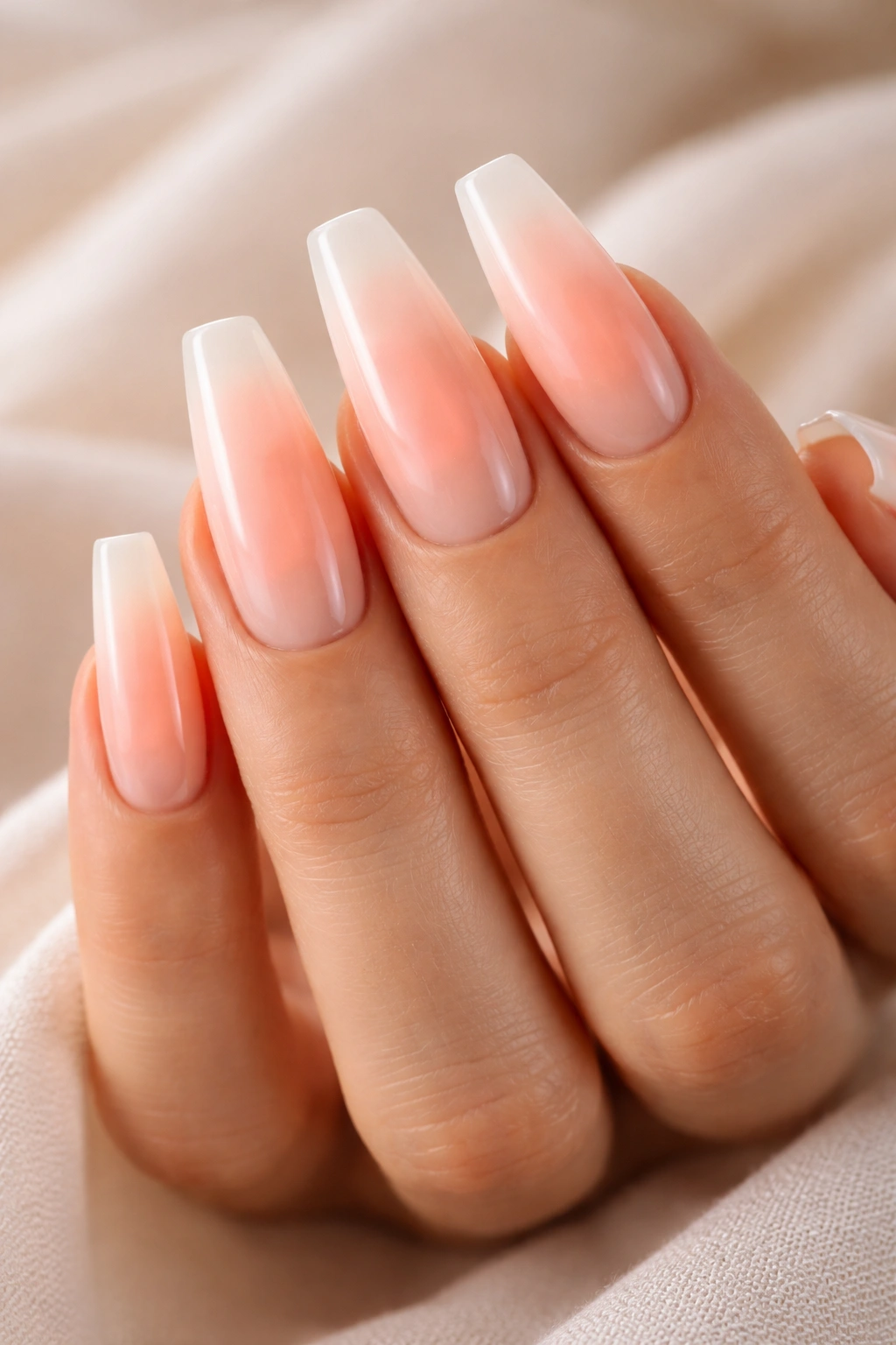 Peachy aura coffin nails with a soft central glow