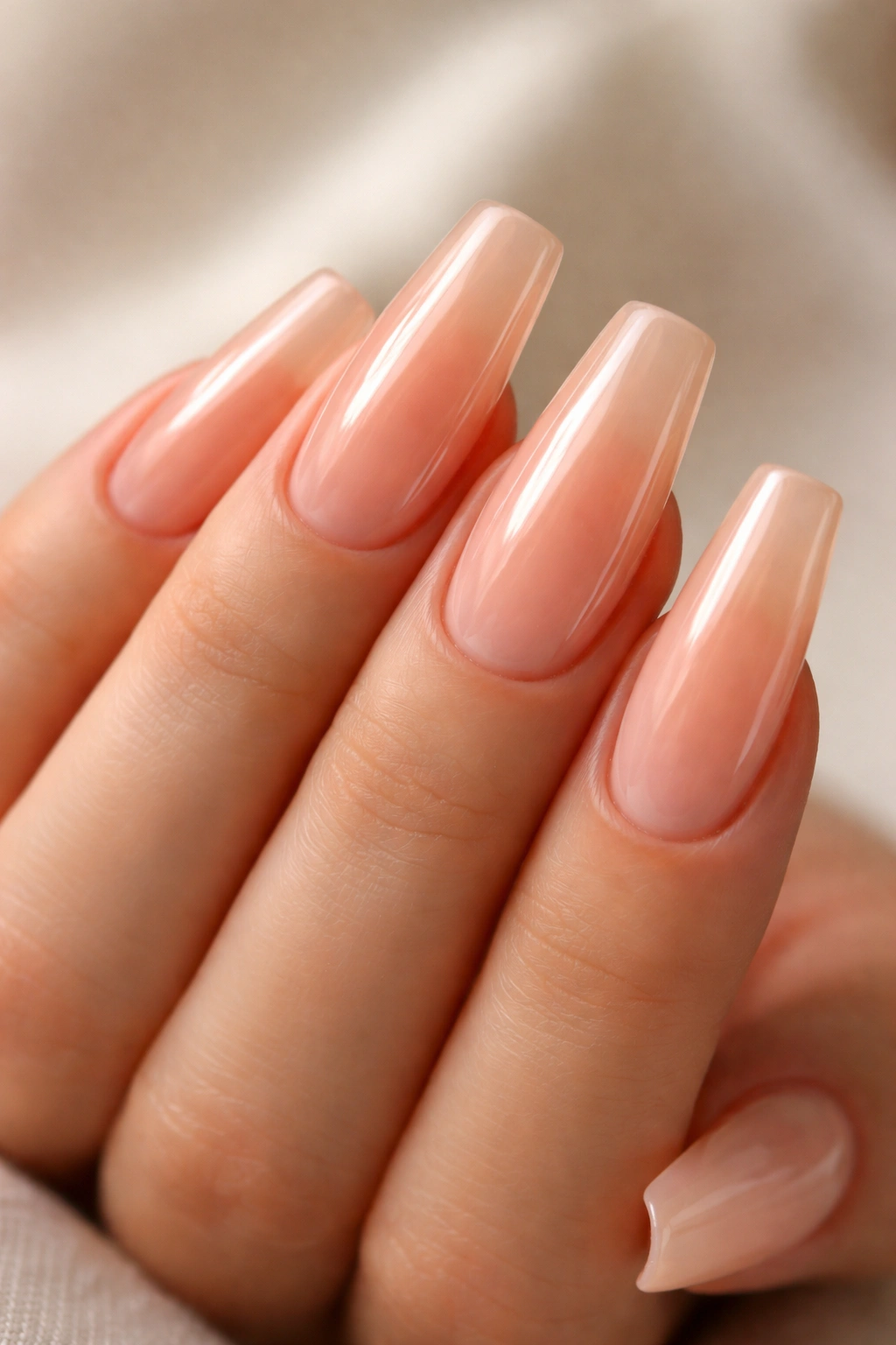 Close-up of sheer peach coffin nails with a glassy top coat on a hand