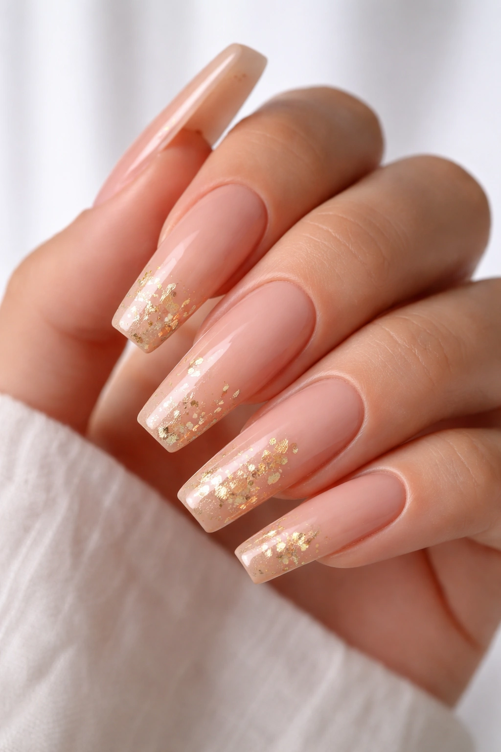 Peachy nude coffin nails with gold foil flecks on a clean background