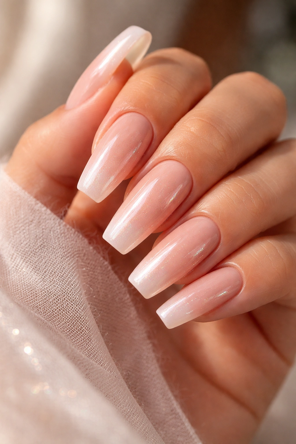 Peach nude coffin nails with a soft pearl veil.