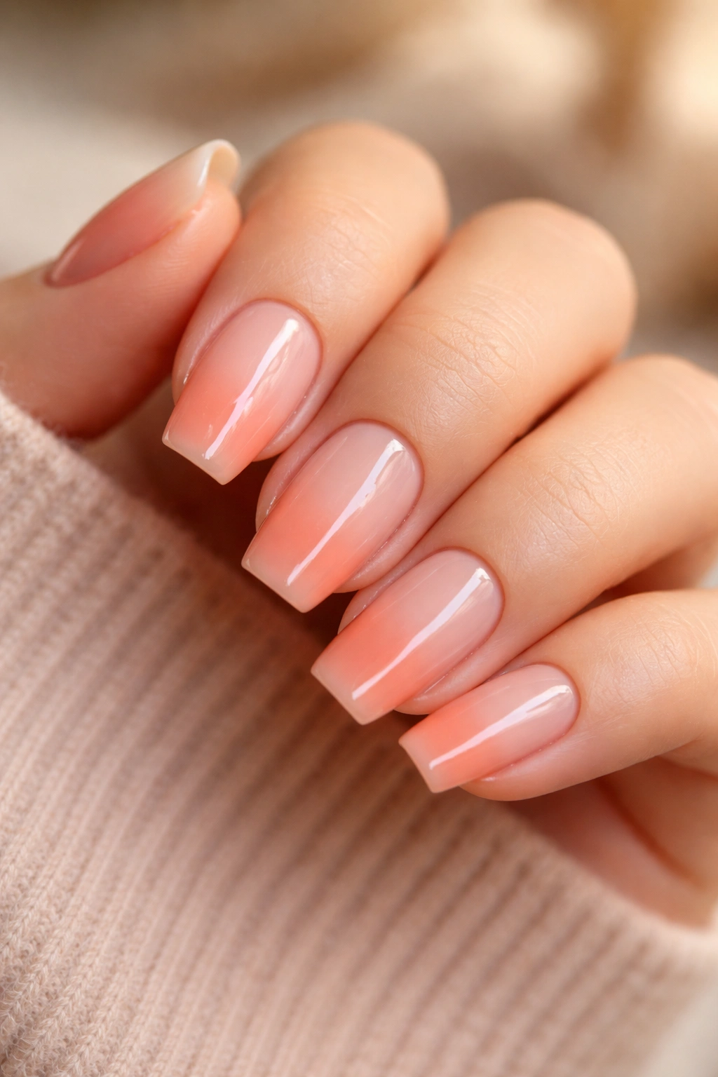 Close-up of peach ombré nails on a short coffin shape with a silver divider