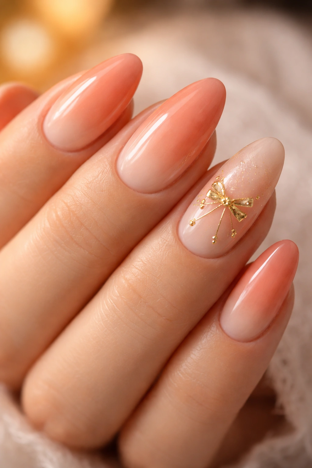 Peach ombré almond nails with gold foil bows on an accent nail in warm lighting.