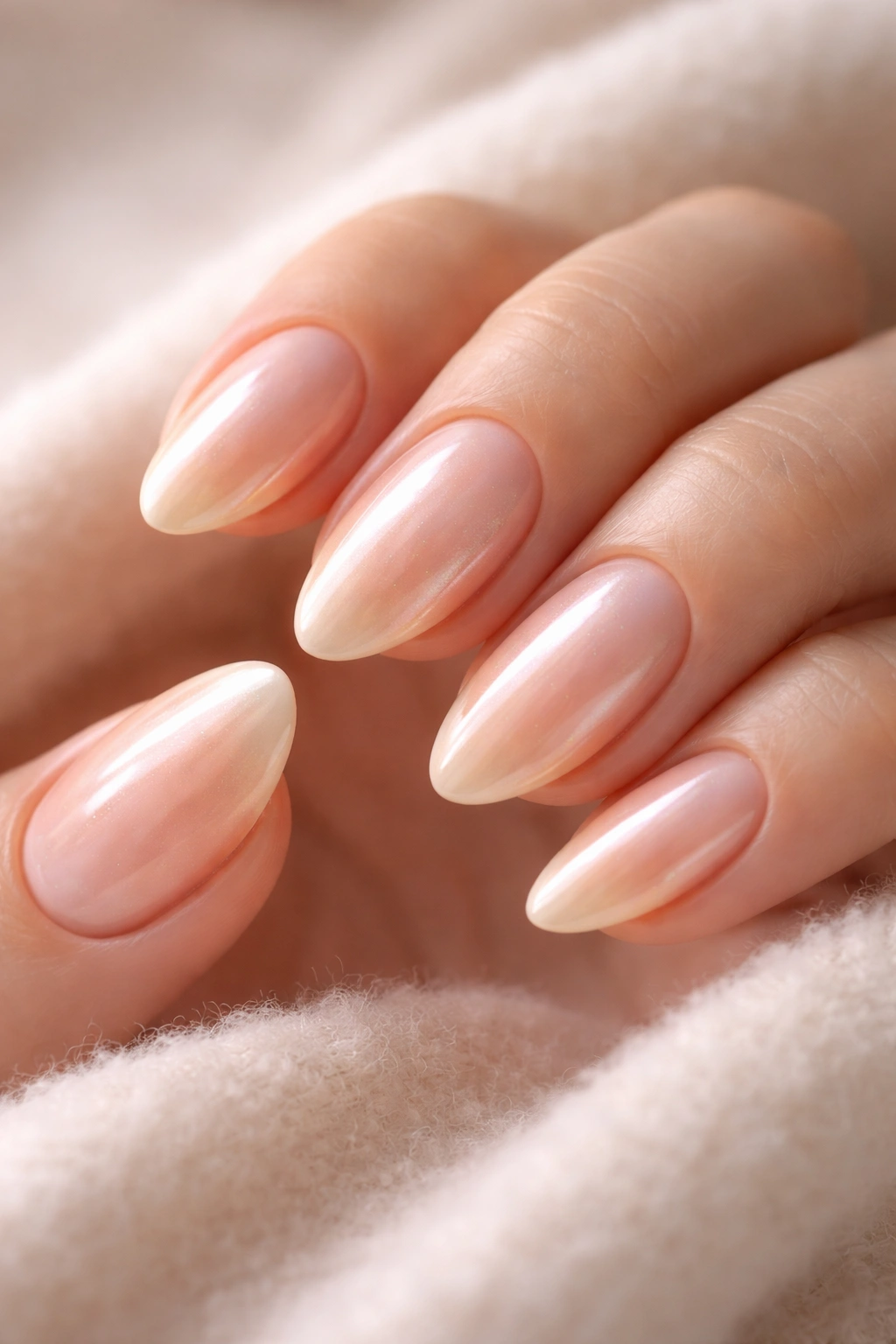 Almond nails with peach pearl shine featuring a creamy peach base and pearlescent topcoat