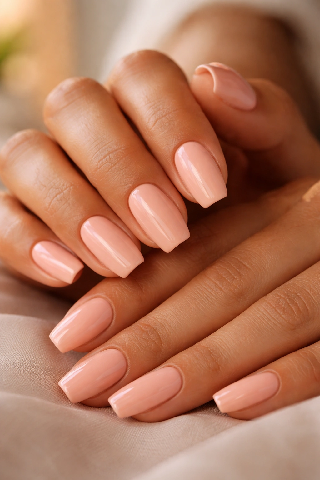 Peach-pink cream coffin nails on warm-toned skin