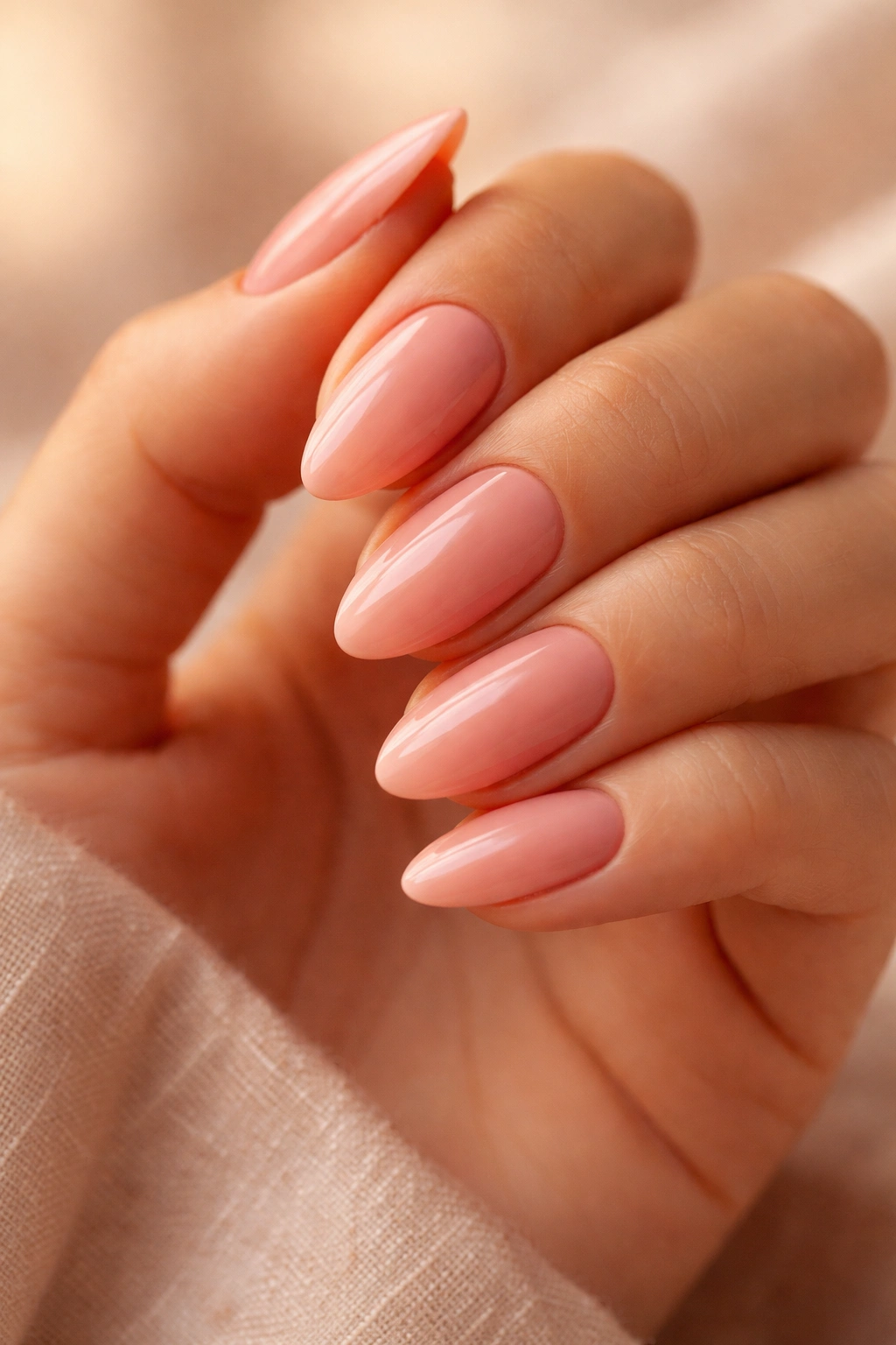 Almond nails in peach-leaning rose pink shade