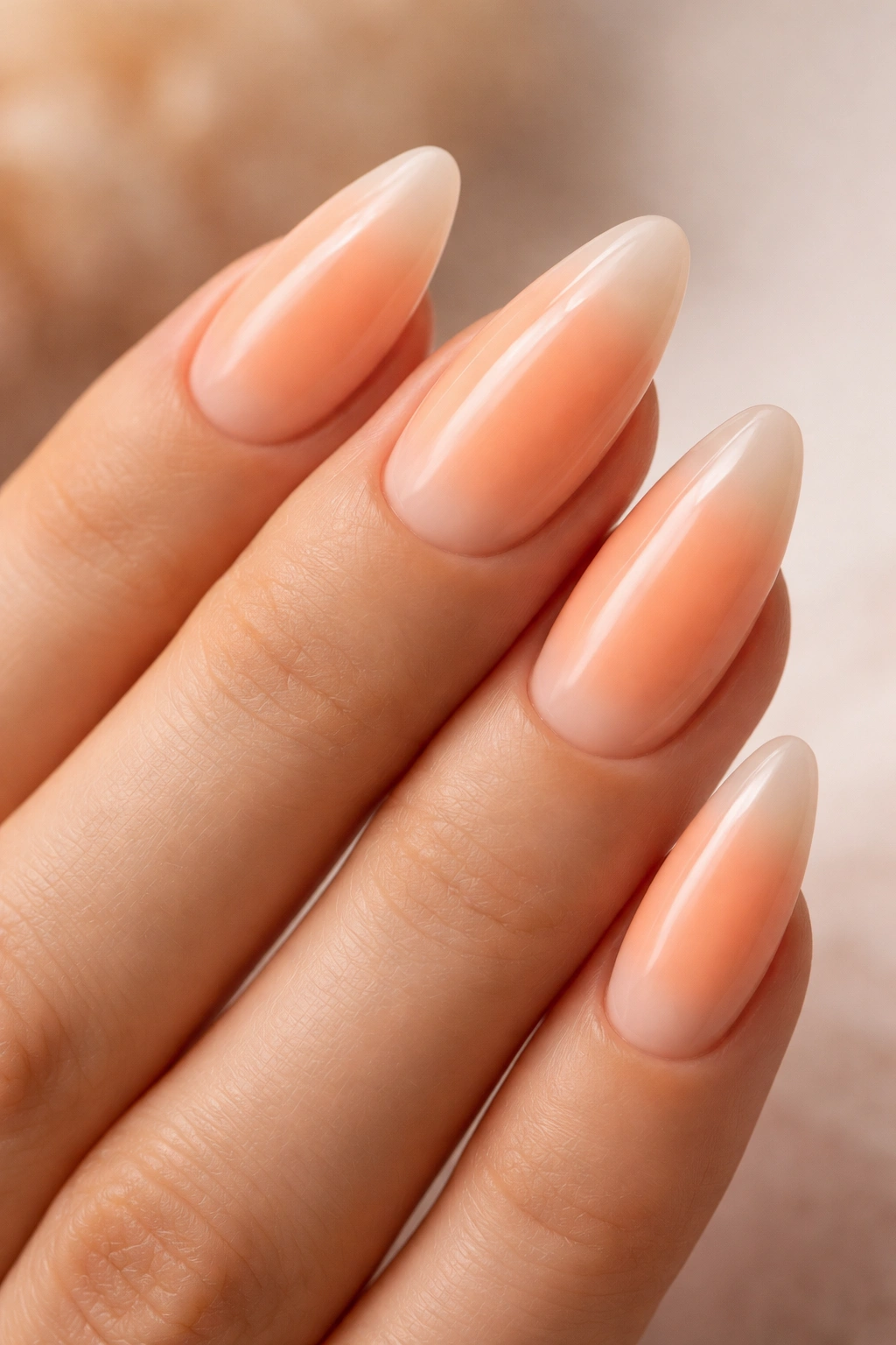 Almond nails with peach sorbet glow centered and fading to pale edge on a sheer base