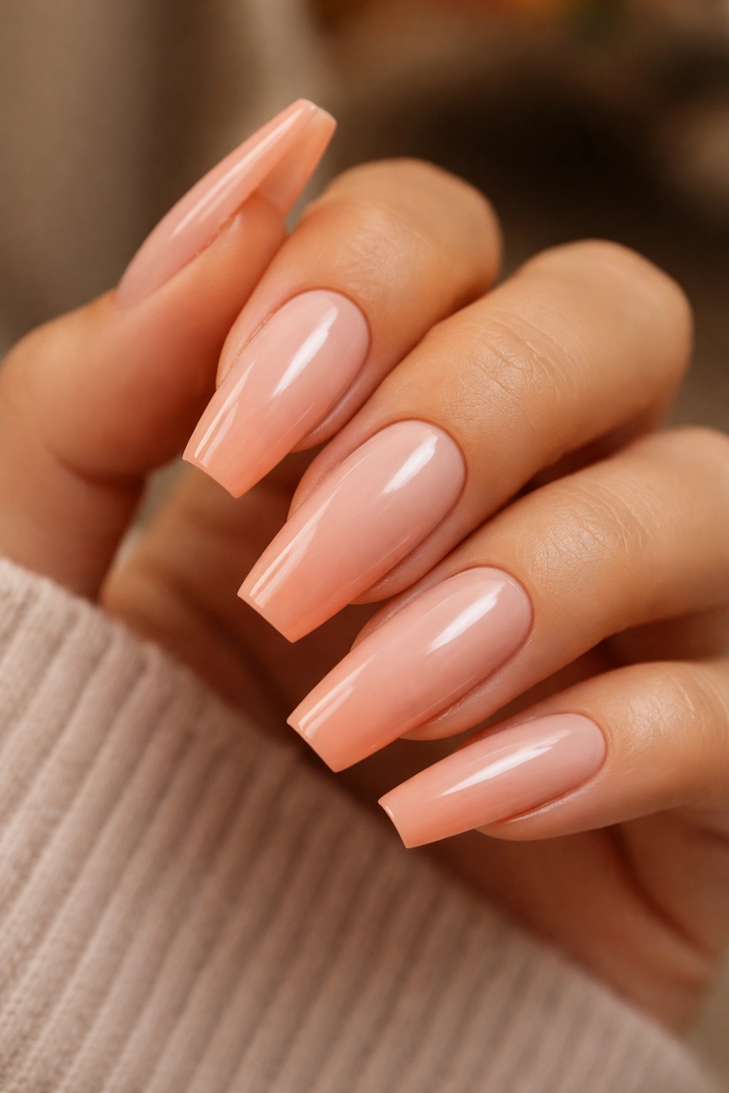 Nude coffin nails with tonal peach tips blending softly into the base.