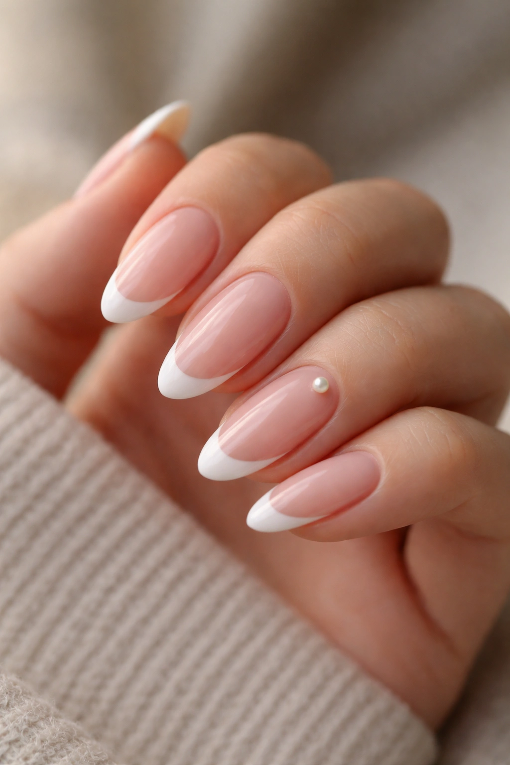 Almond nails with sheer pink base and tiny pearl accent near the tip
