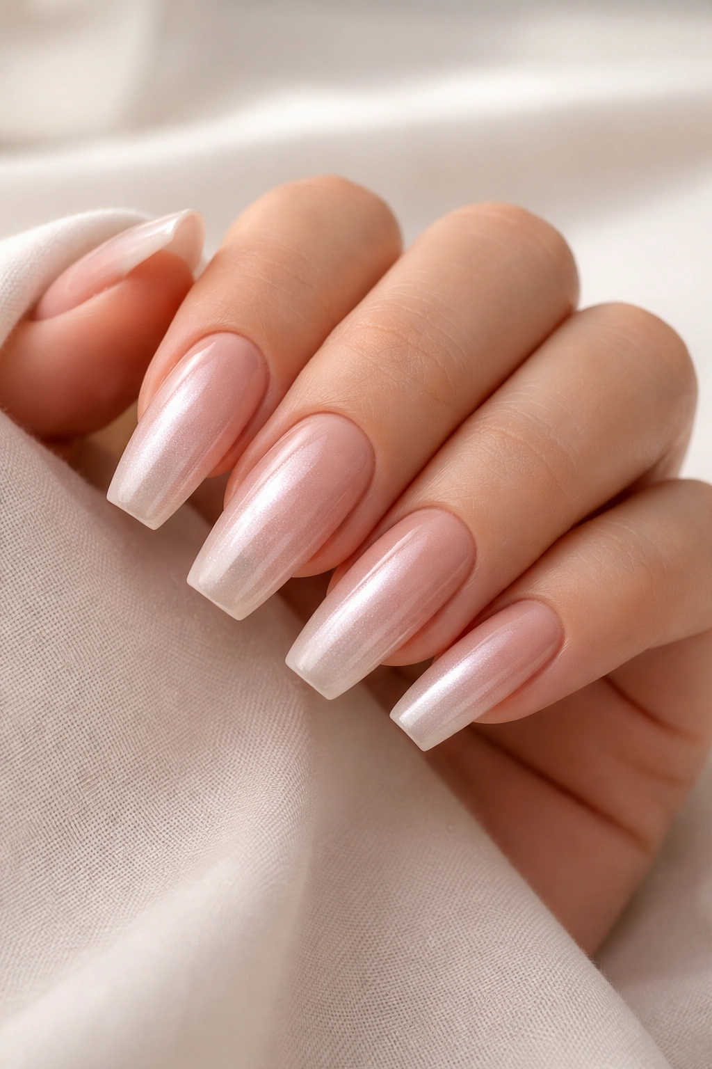 Close-up of coffin nails with a sheer pearl chrome veil over nude base