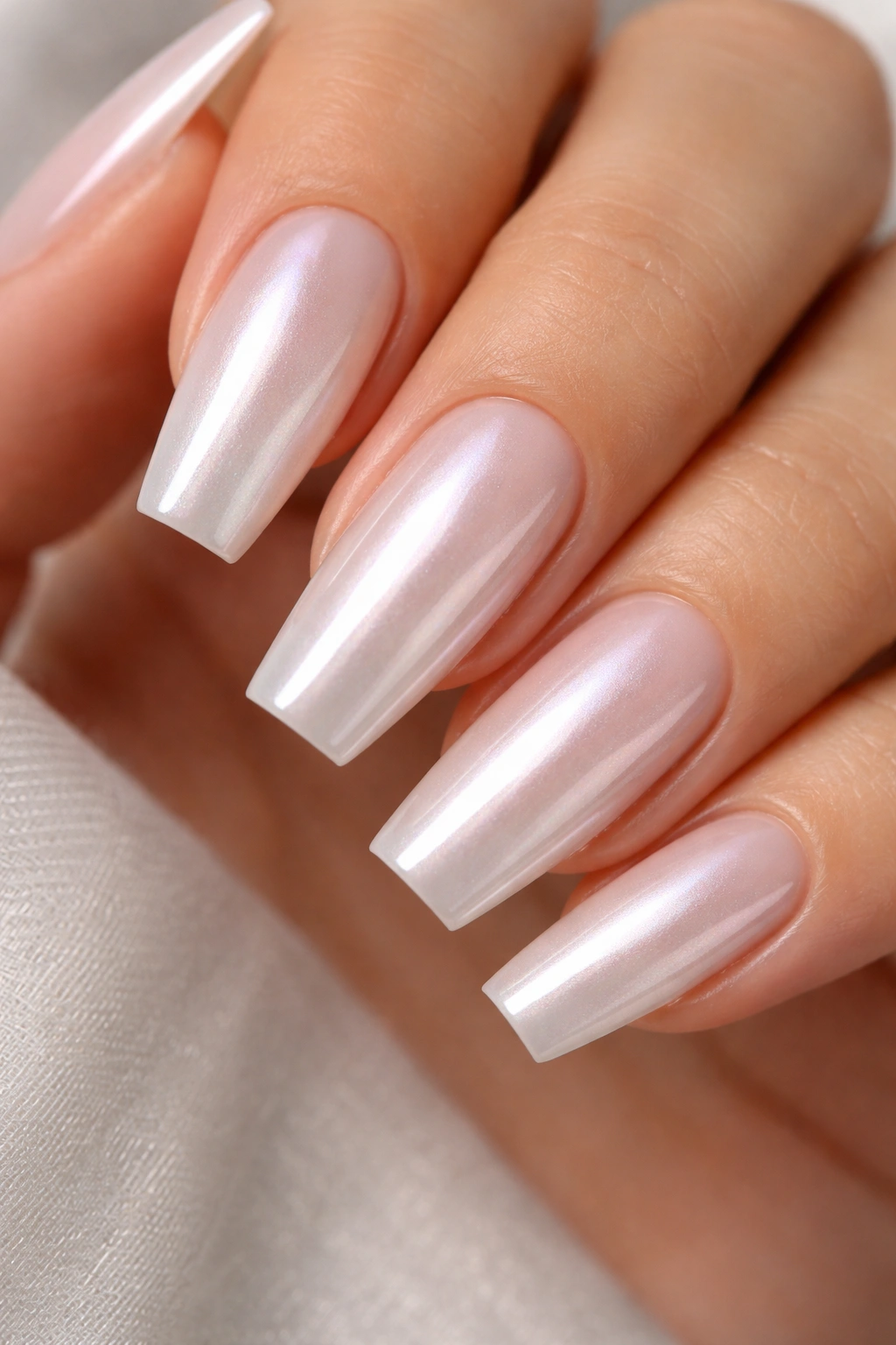 Close-up of pearl chrome coffin nails on a medium-length hand