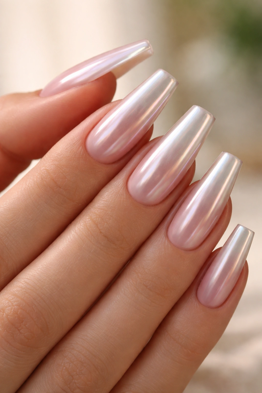 Pearl chrome coffin nails on a sheer pink base with satin shine