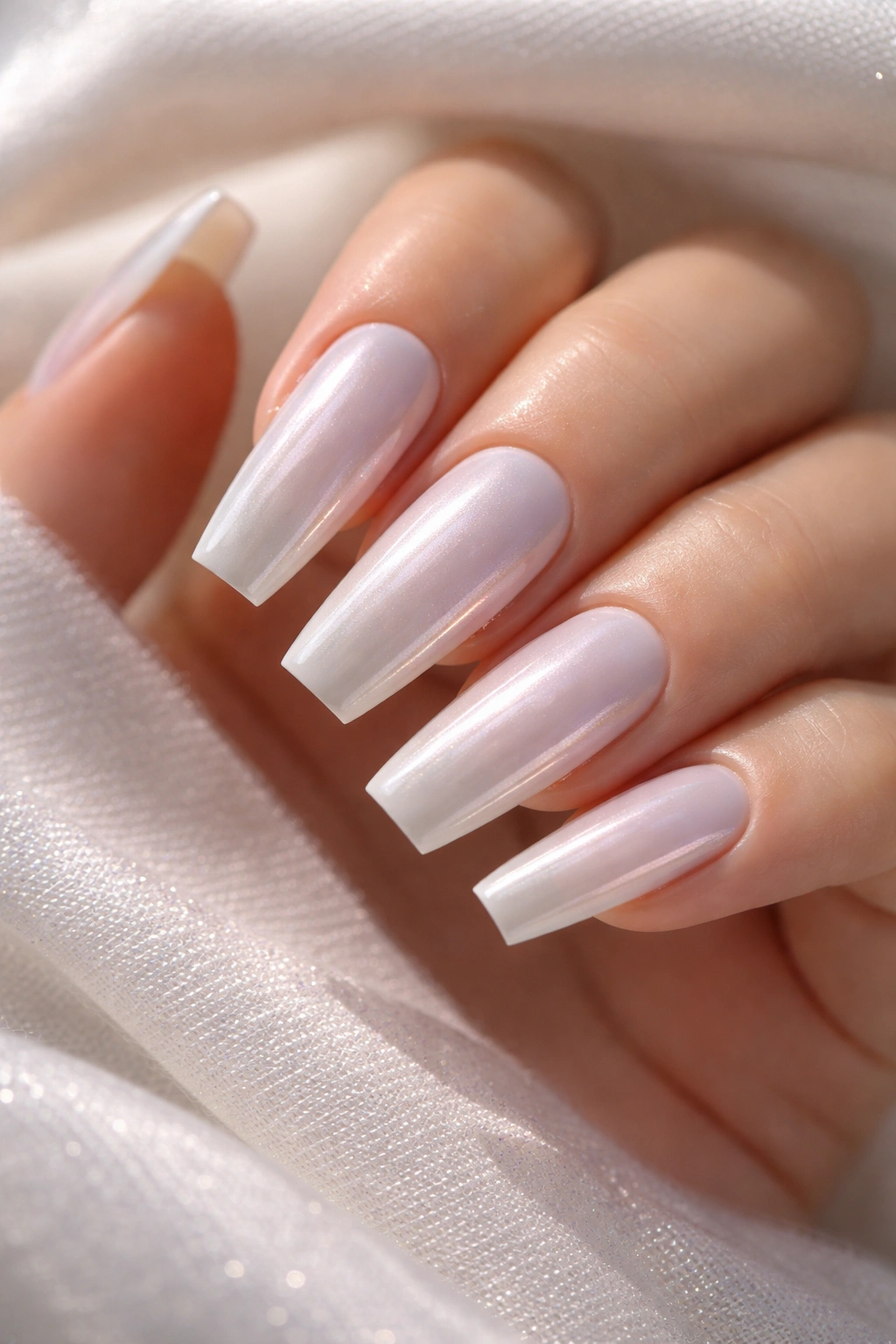 Close-up of milky white nails with soft pearl chrome overlay