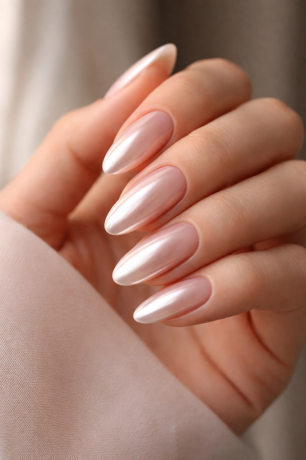 Almond nails with pearl chrome on sheer pink-beige base.
