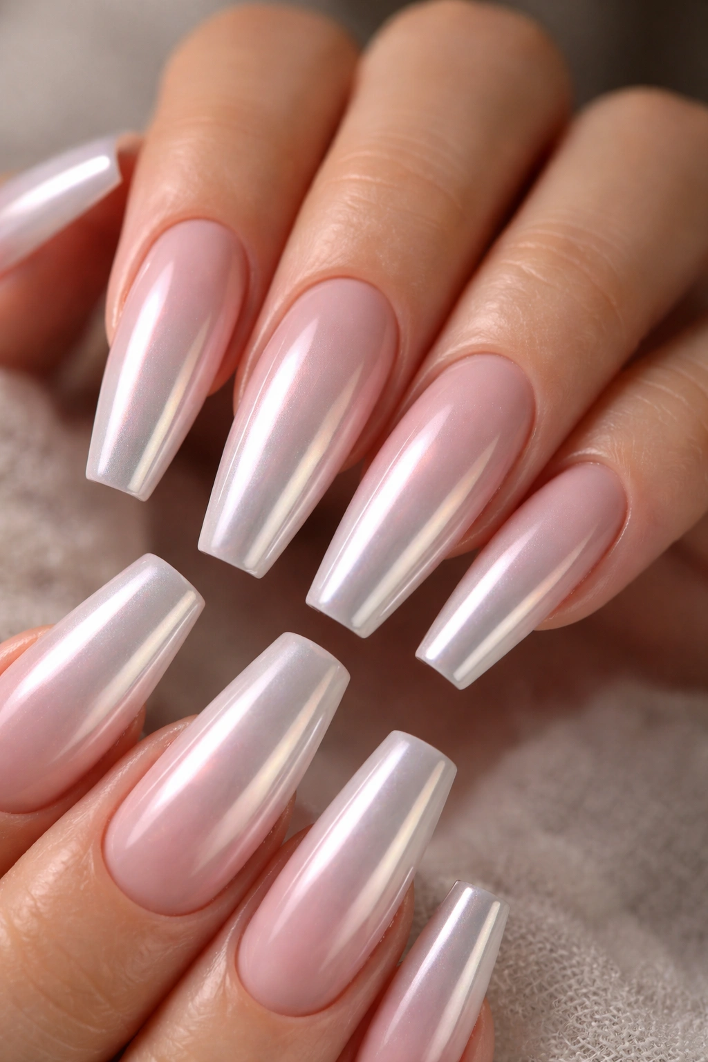 Close-up of long coffin nails with pearl chrome finish over pale base