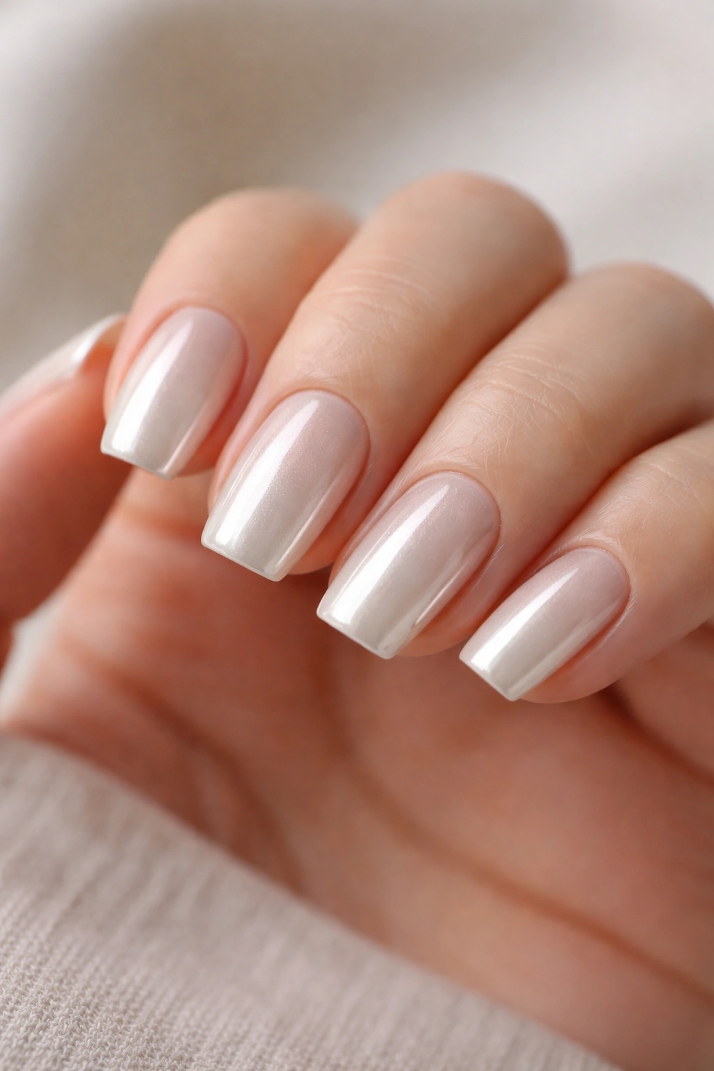 Close-up of short coffin nails with ivory pearl chrome finish and flat tips