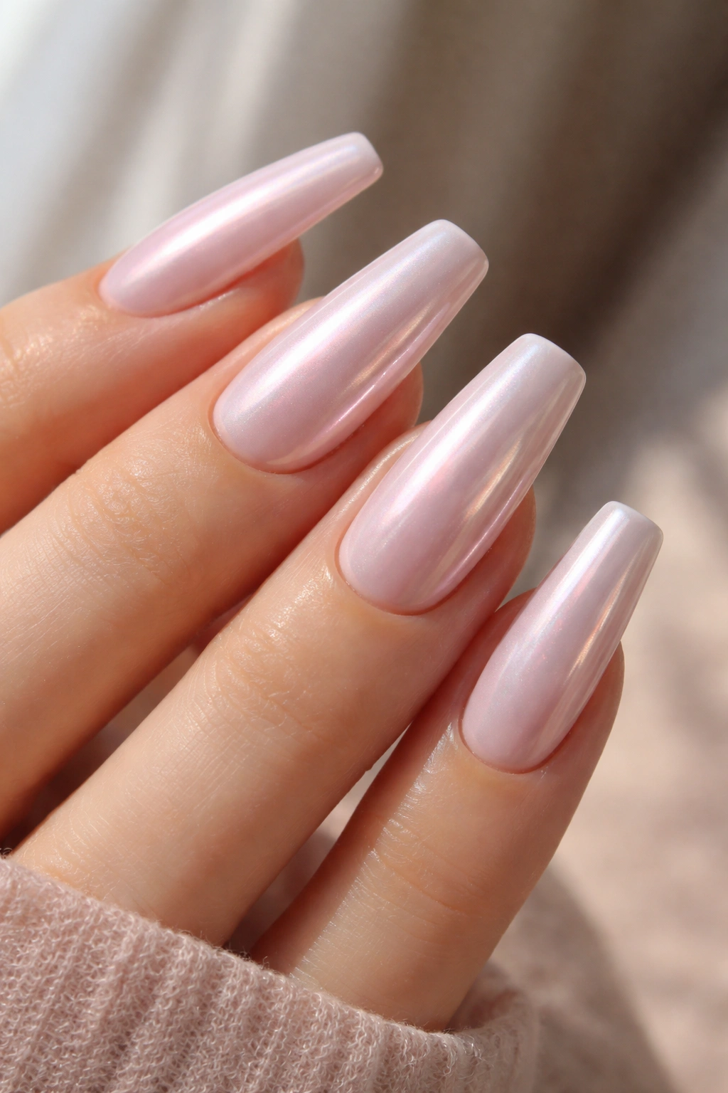 Close-up of coffin nails with a pearly glaze over baby pink