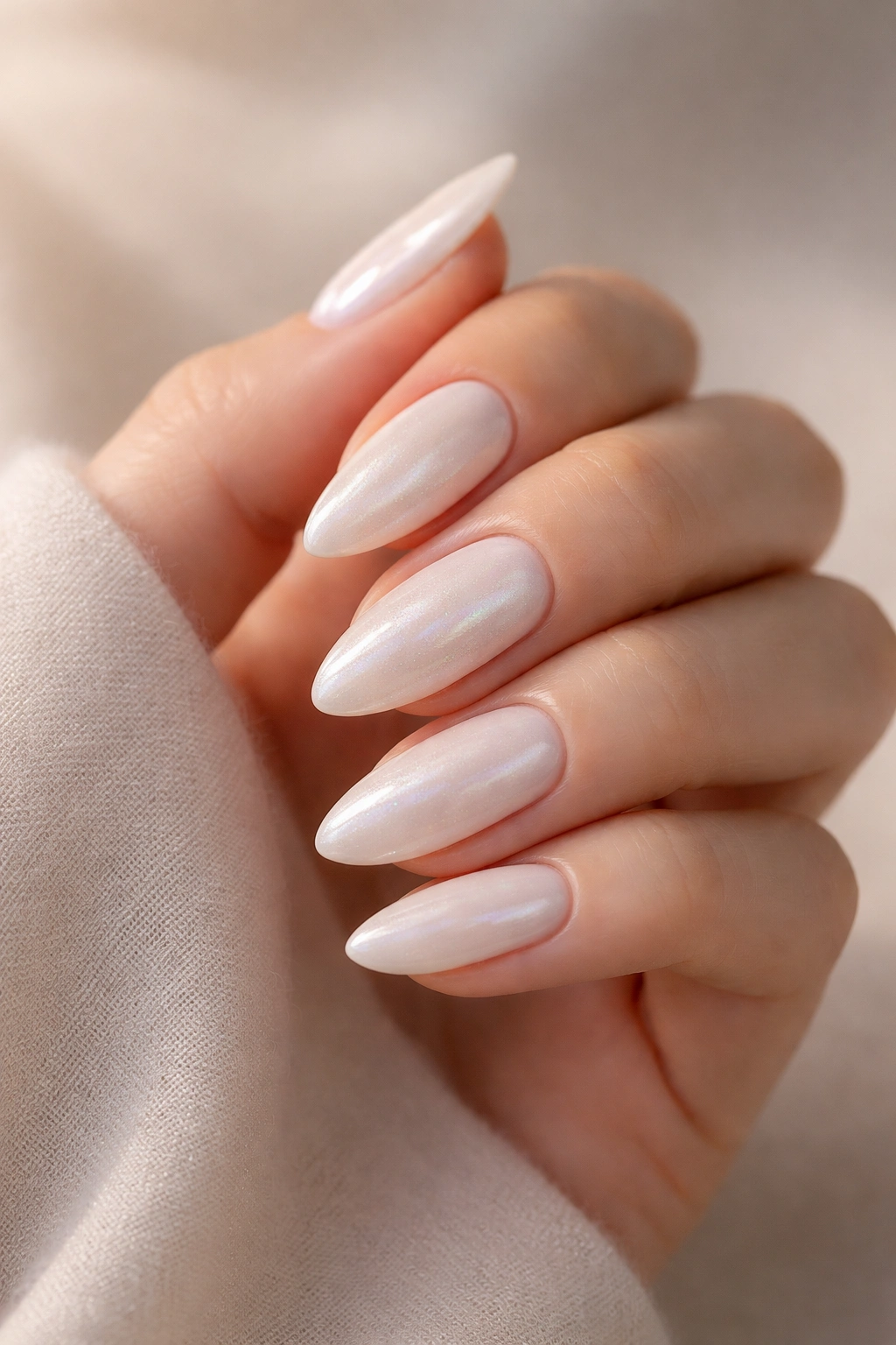 Almond nails with soft pearl-dust shimmer under the surface