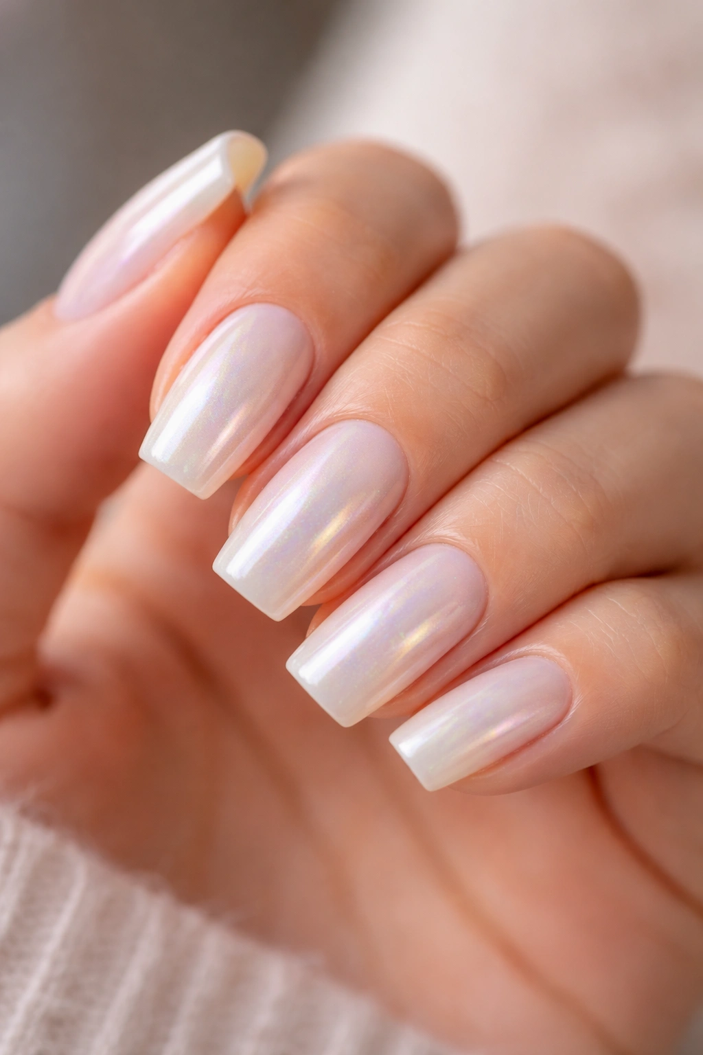 Close-up of short coffin nails with pearl glaze on milky white base