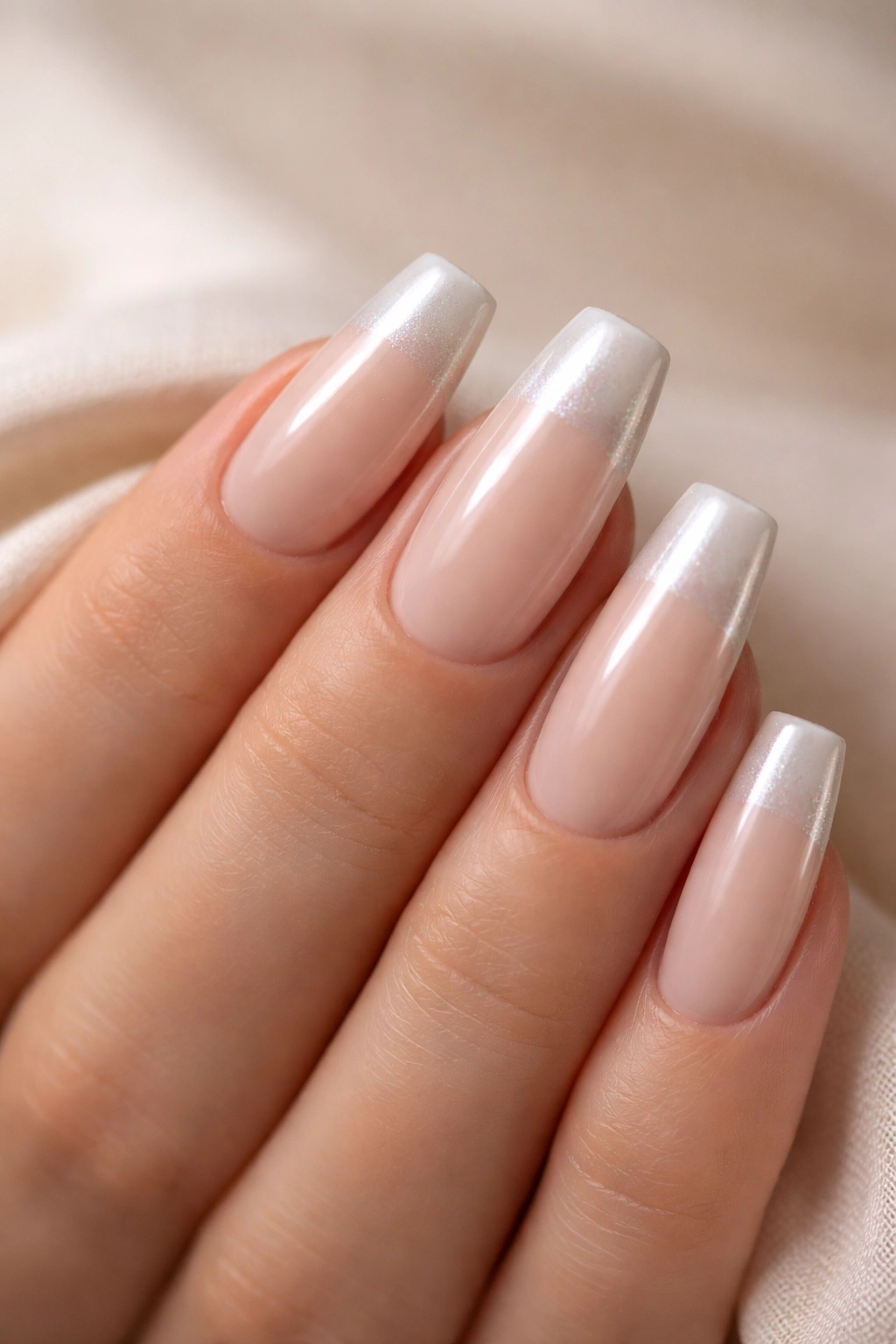 Close-up of medium coffin nails with cream base and pearl glaze tip
