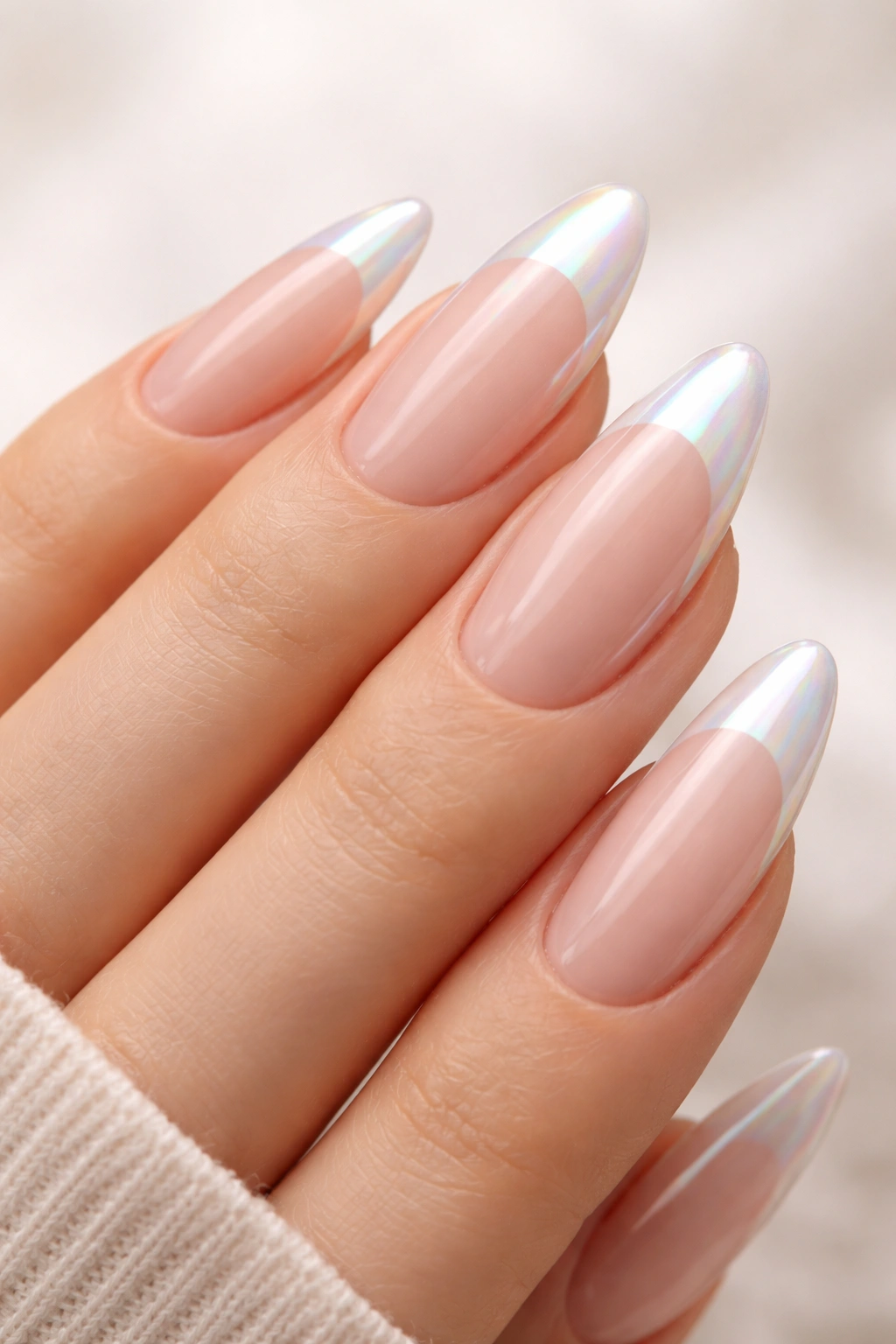 Almond nails with pearl glaze tips on a nude base