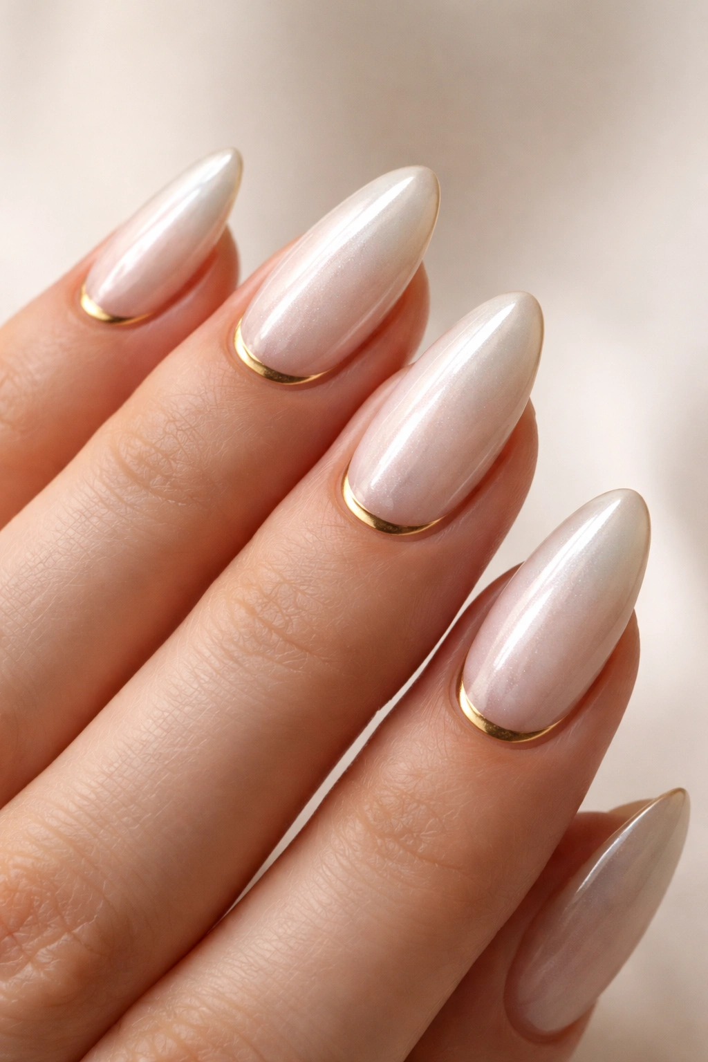Pearl glaze almond nails with soft gold half moons near cuticle