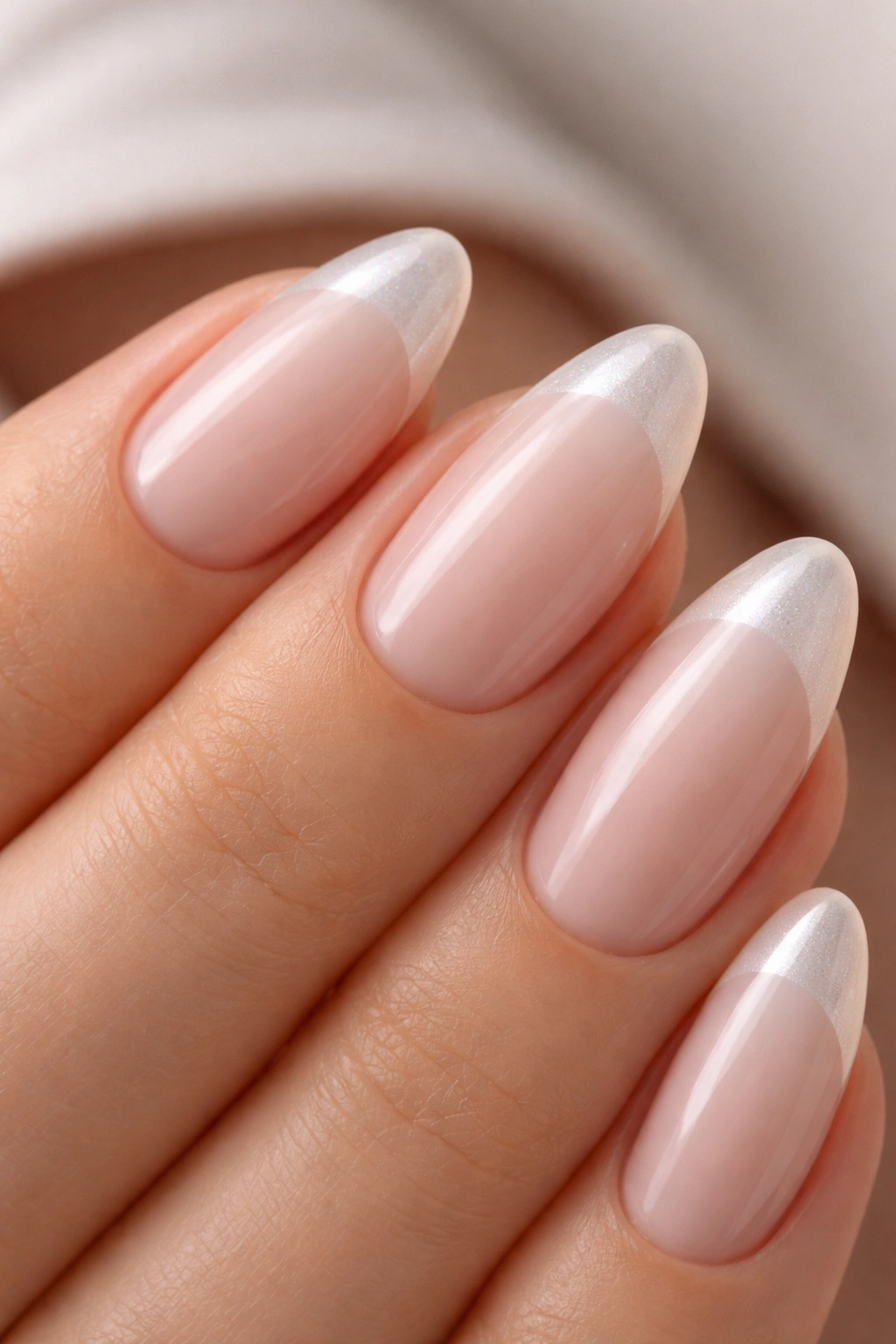 Almond nails with a pearly glazed French tip on milky pink base