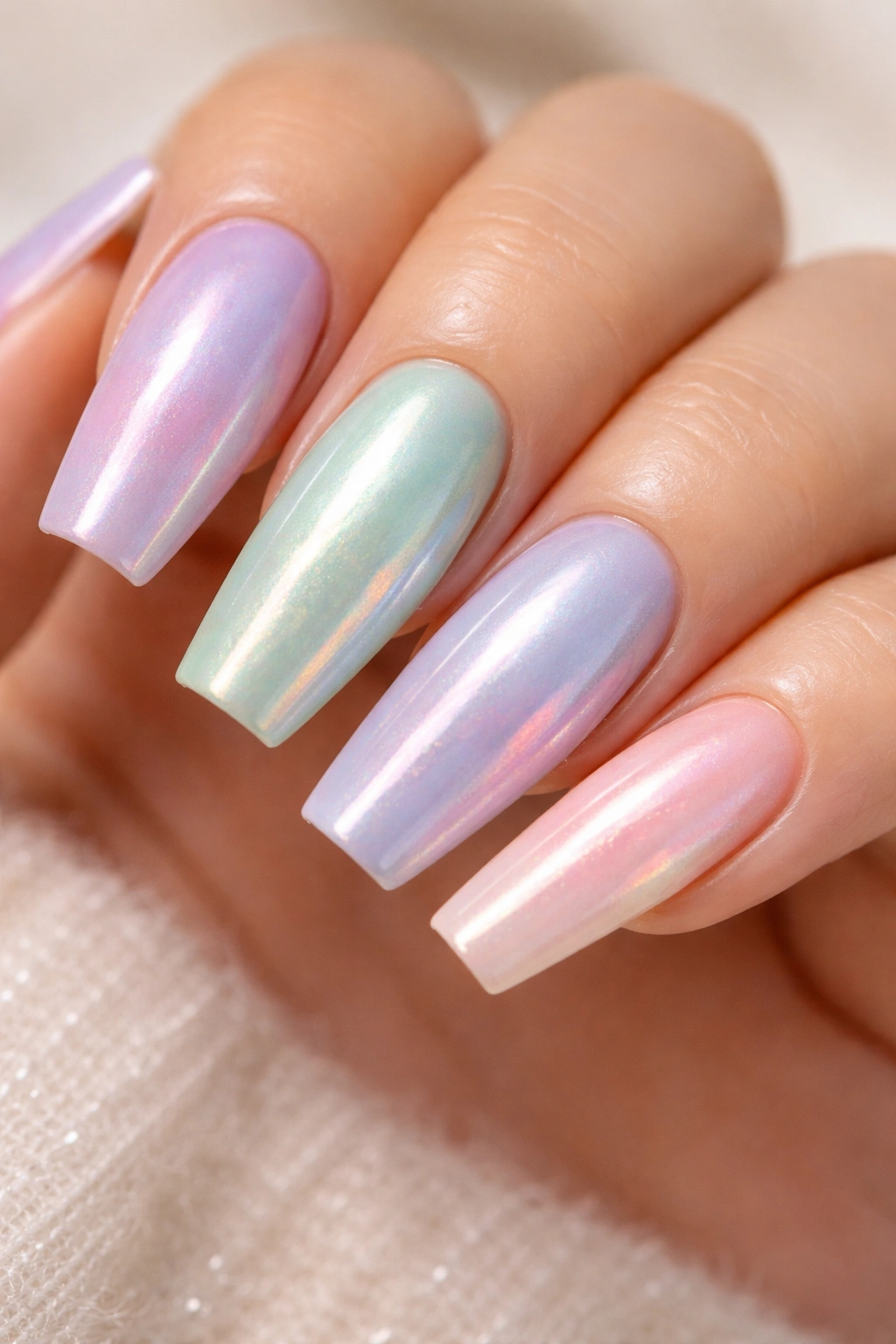Multicolor glazed pearl coffin nails with pastel tones under pearly veil