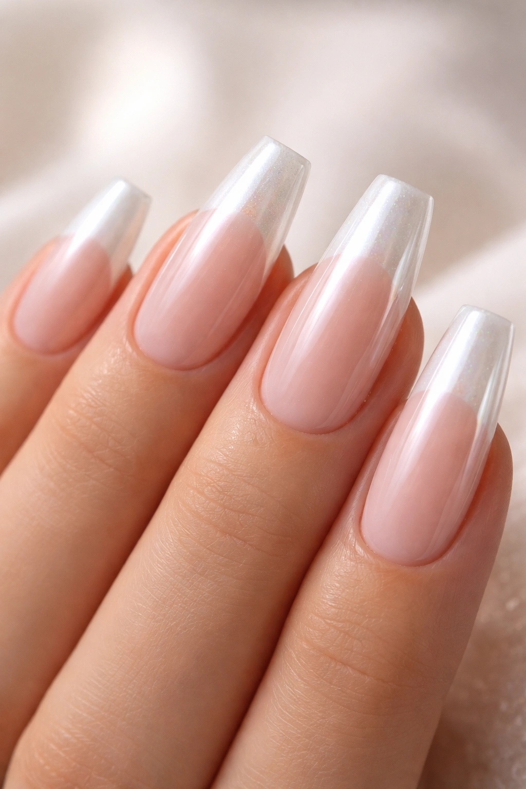 Coffin nails with pearl glazed tips over a jelly nude base