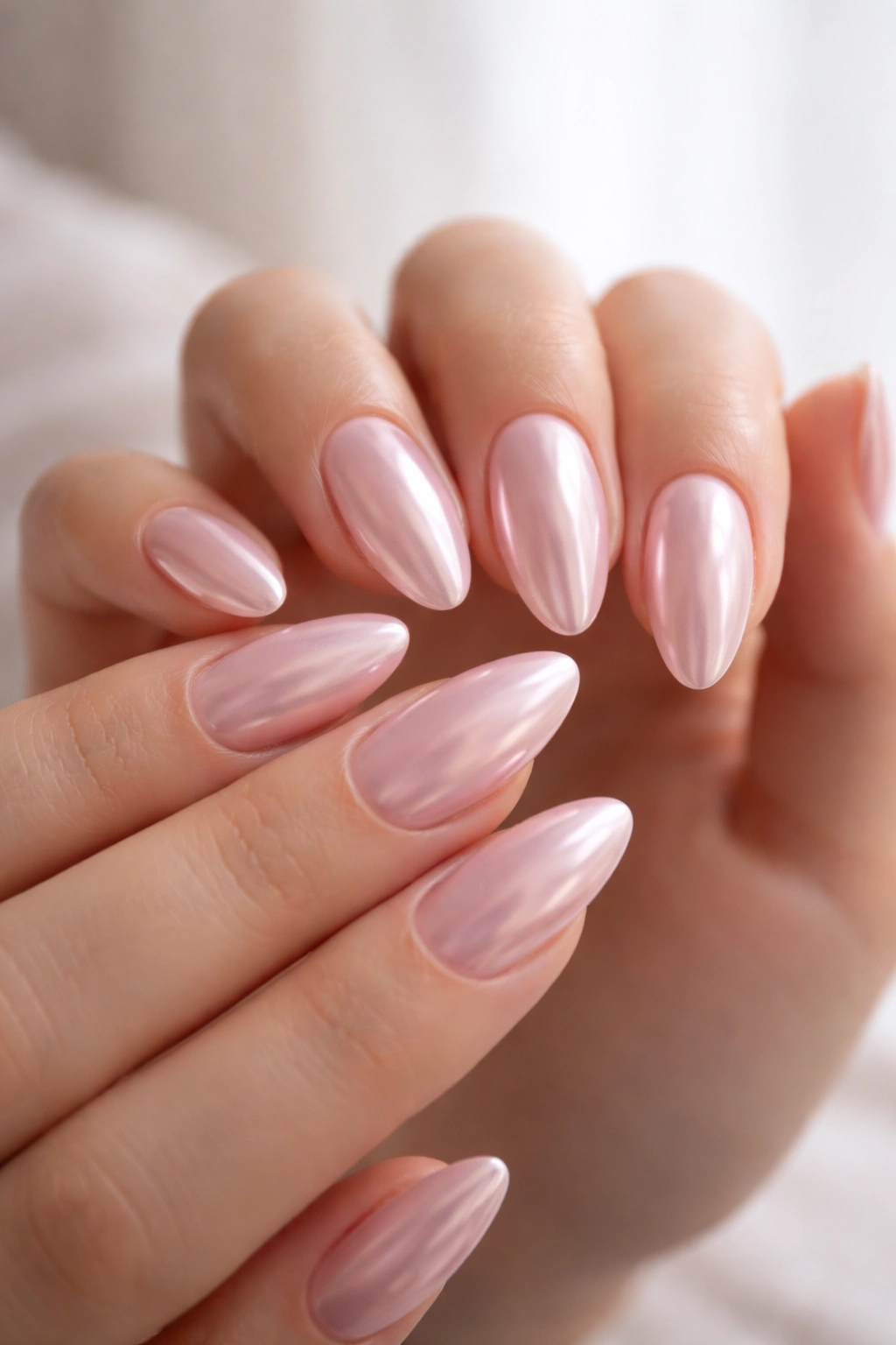 Almond nails with pearl pink chrome and soft shimmer on a natural base.