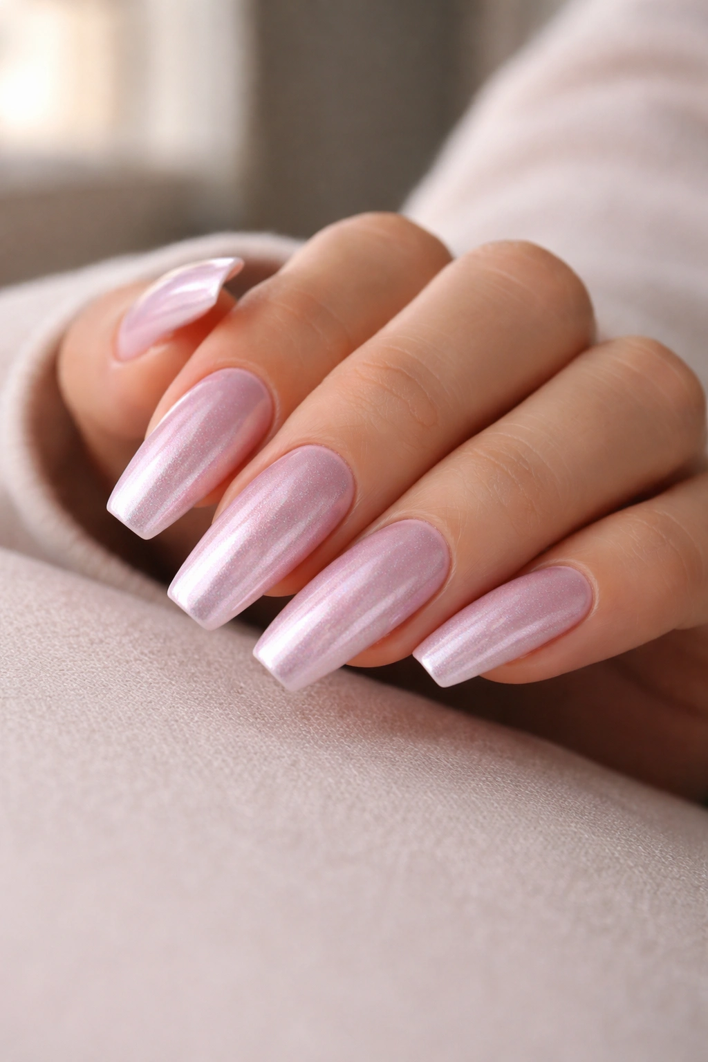 Close-up of pearl pink chrome coffin nails with cool sheen