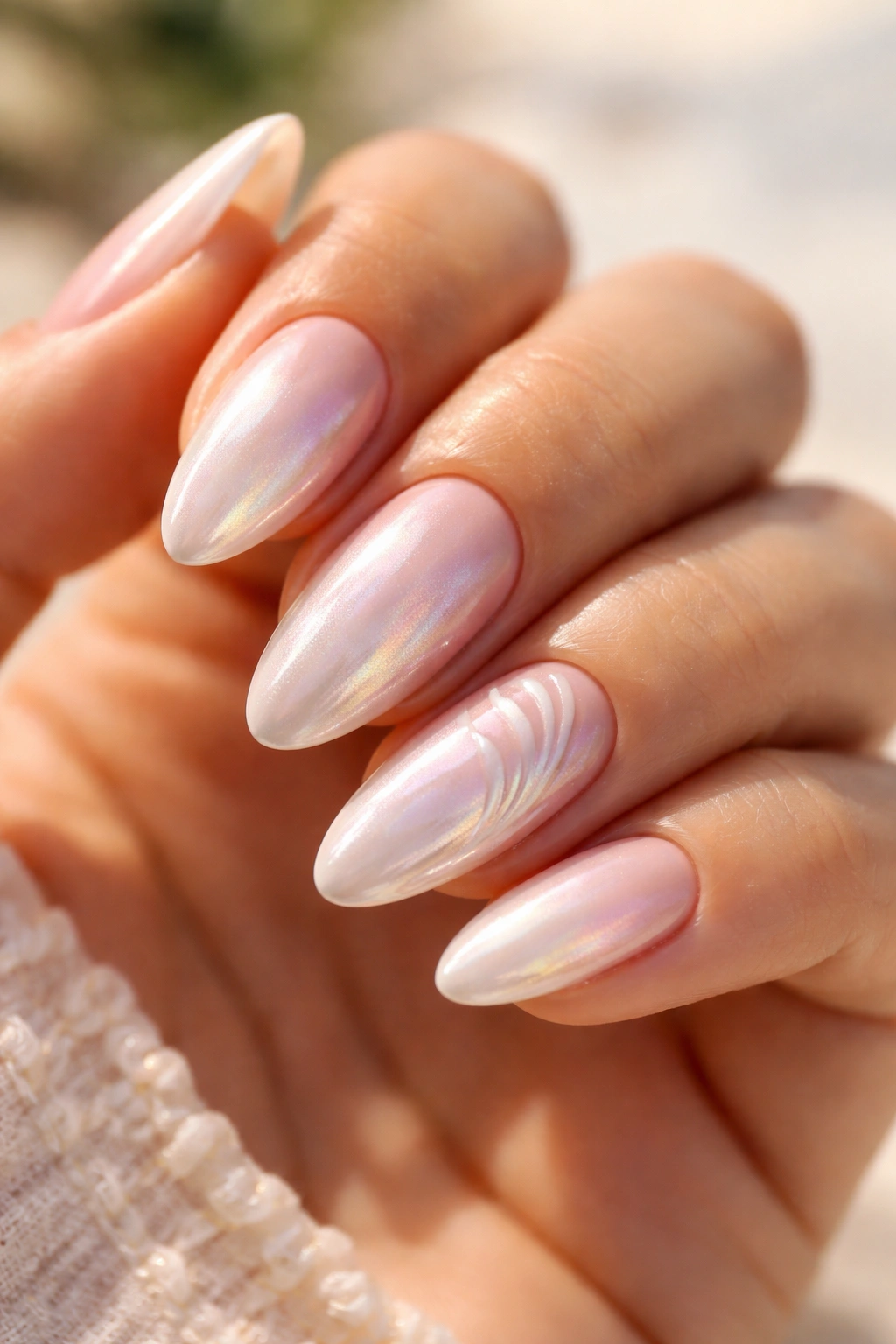 Close-up of almond nails with milky pink base and iridescent pearl chrome lighting